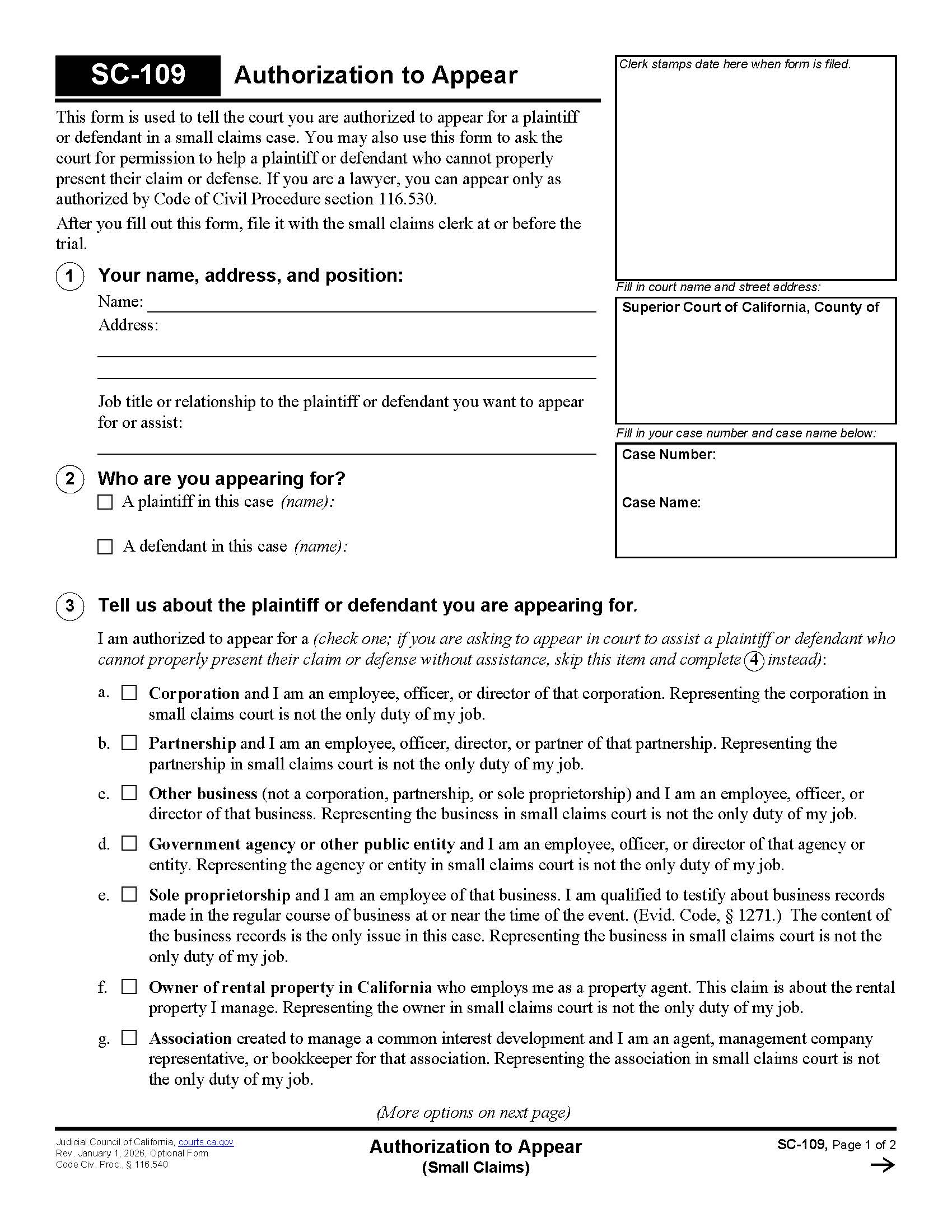 Authorization To Appear (Small Claims) {SC-109} | Pdf Fpdf Doc Docx | California