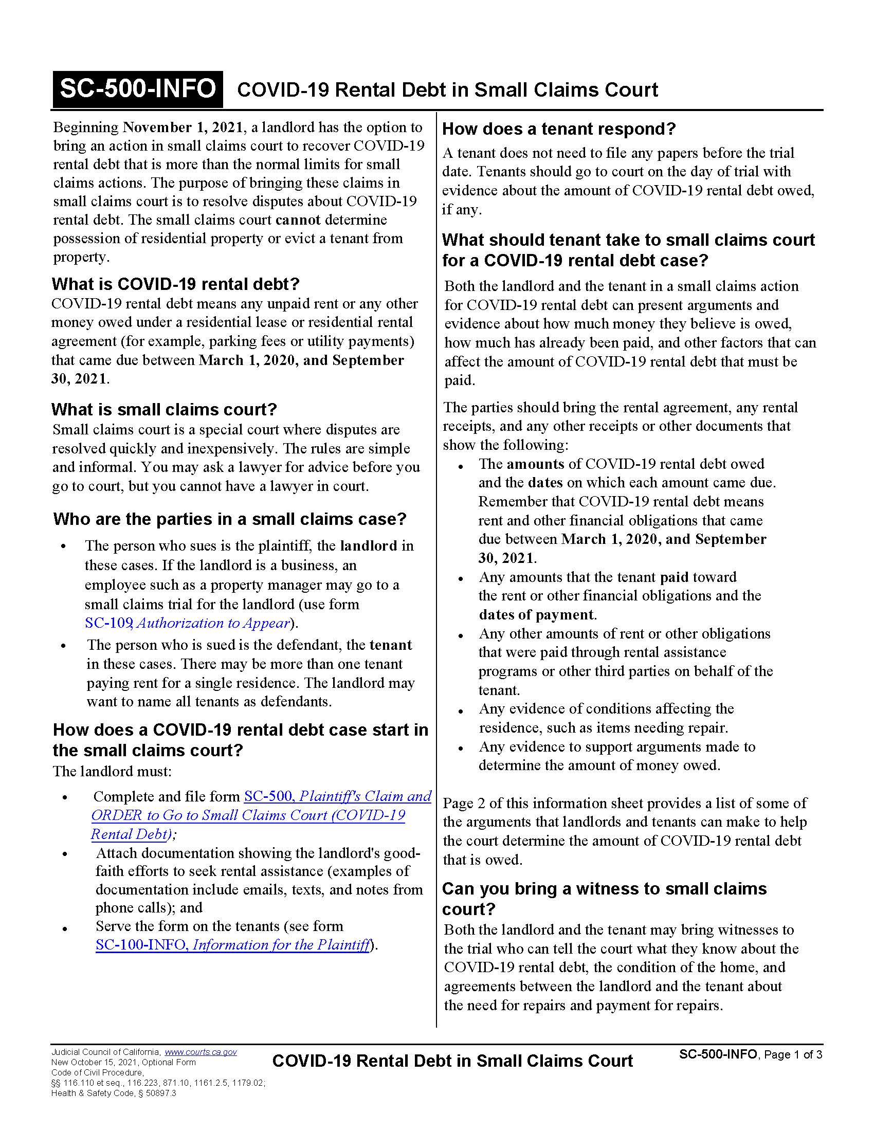 COVID-19 Rental Debt In Small Claims Court {SC-500-INFO} | Pdf Fpdf Docx | California