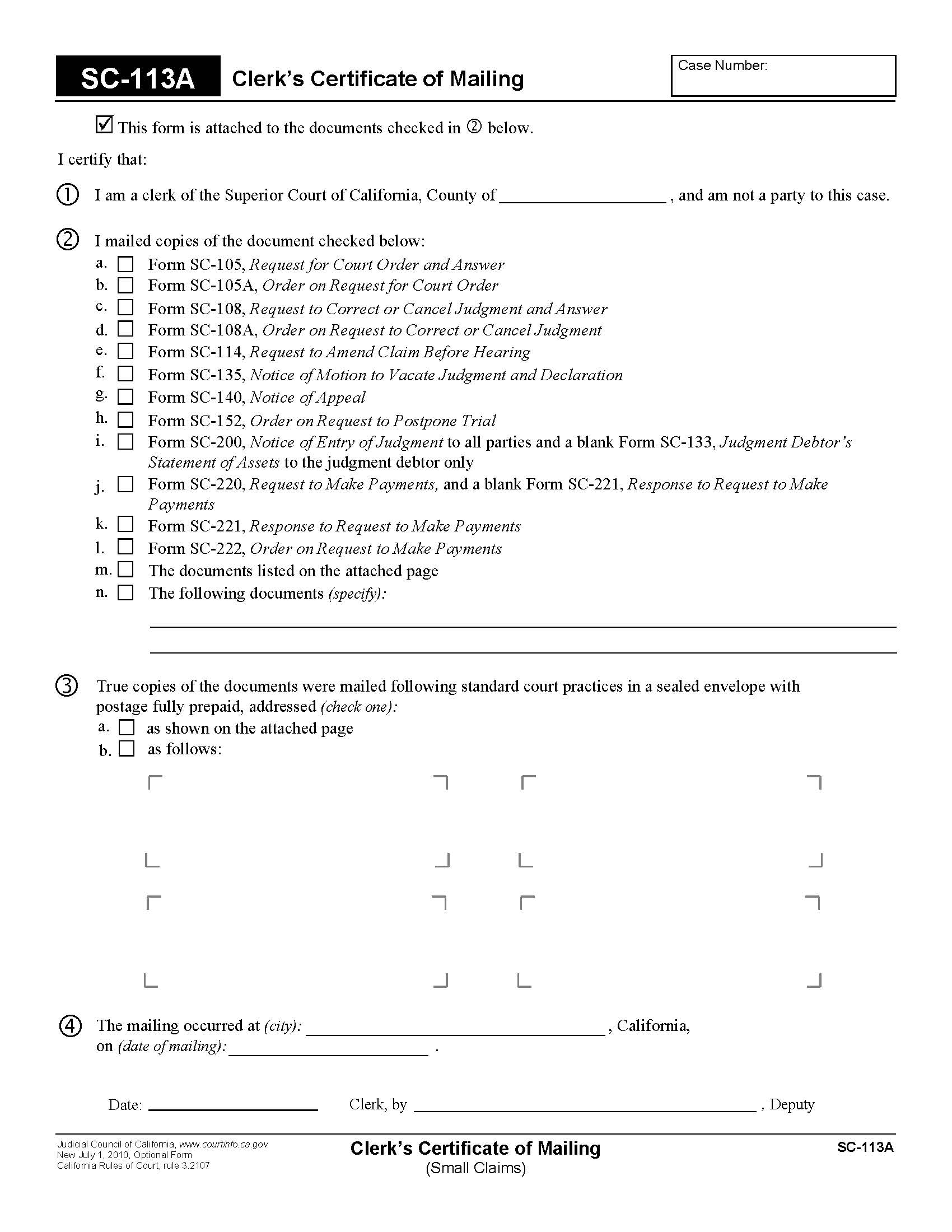 Clerks Certificate Of Mailing {SC-113A} | Pdf Fpdf Doc Docx | California