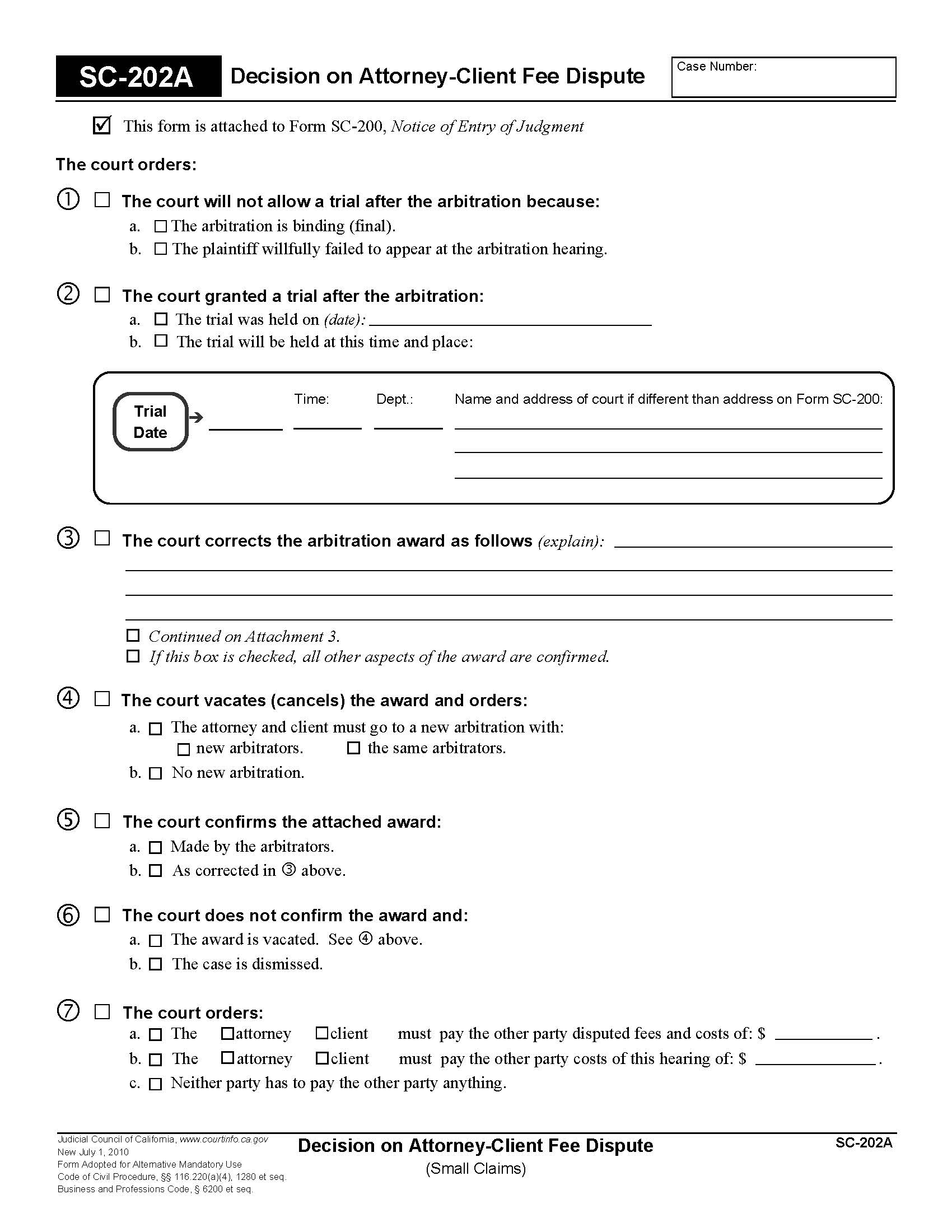 Decision On Attorney-Client Fee Dispute (Small Claims) {SC-202A} | Pdf Fpdf Doc Docx | California