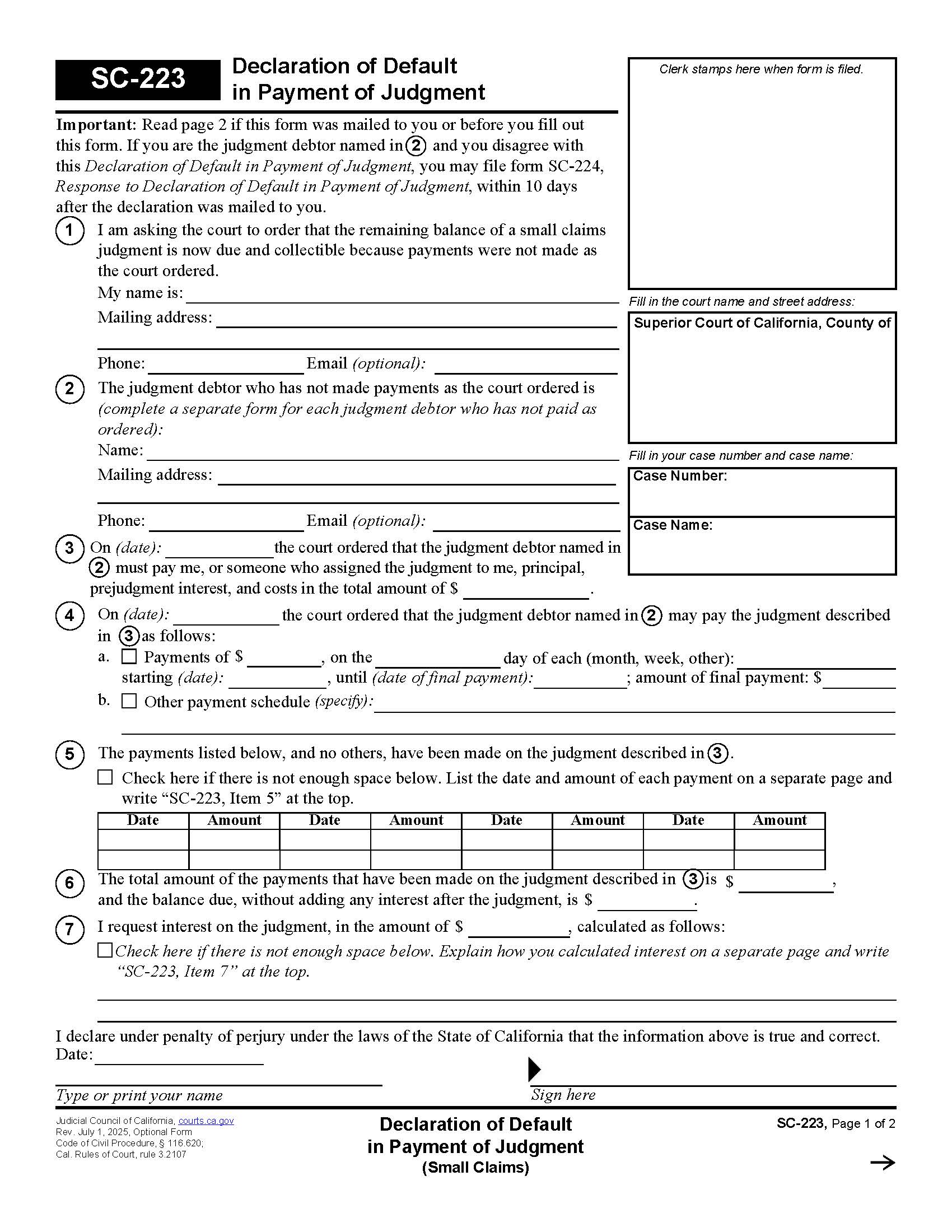 Declaration Of Default In Payment Of Judgment {SC-223} | Pdf Fpdf Doc Docx | California