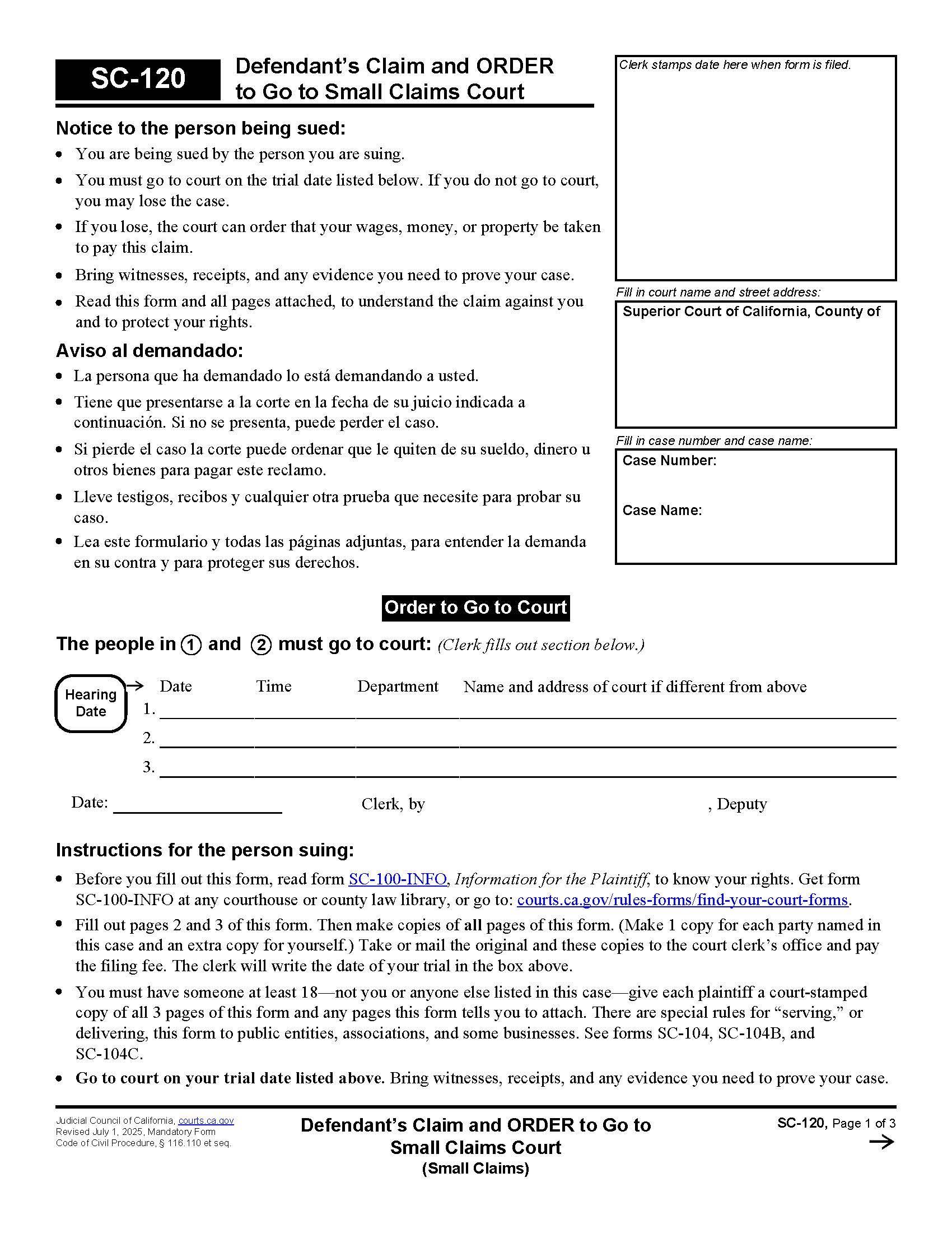 Defendents Claim And Order To Go To Small Claims Court (Small Claims) {SC-120} | Pdf Fpdf Doc Docx | California