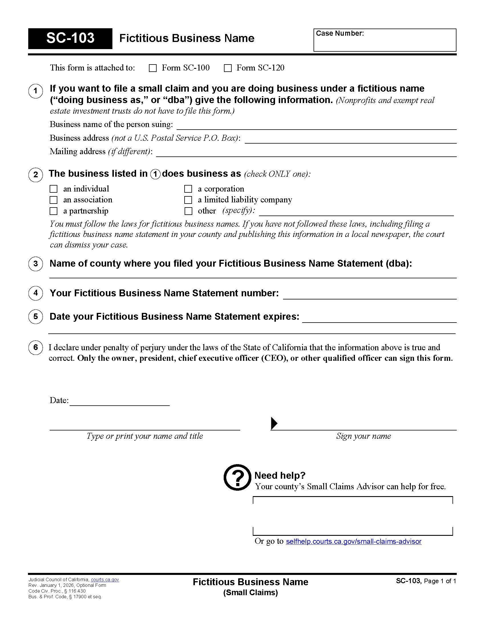 Fictitious Business Name (Small Claims) {SC-103} | Pdf Fpdf Doc Docx | California