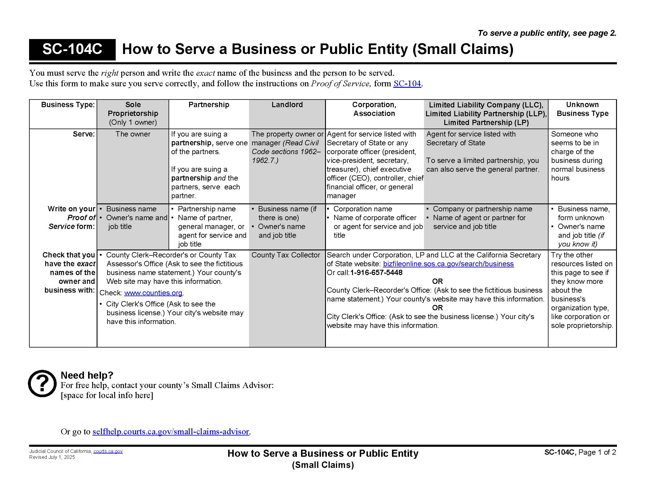 How To Serve A Business {SC-104C} | Pdf Fpdf Doc Docx | California