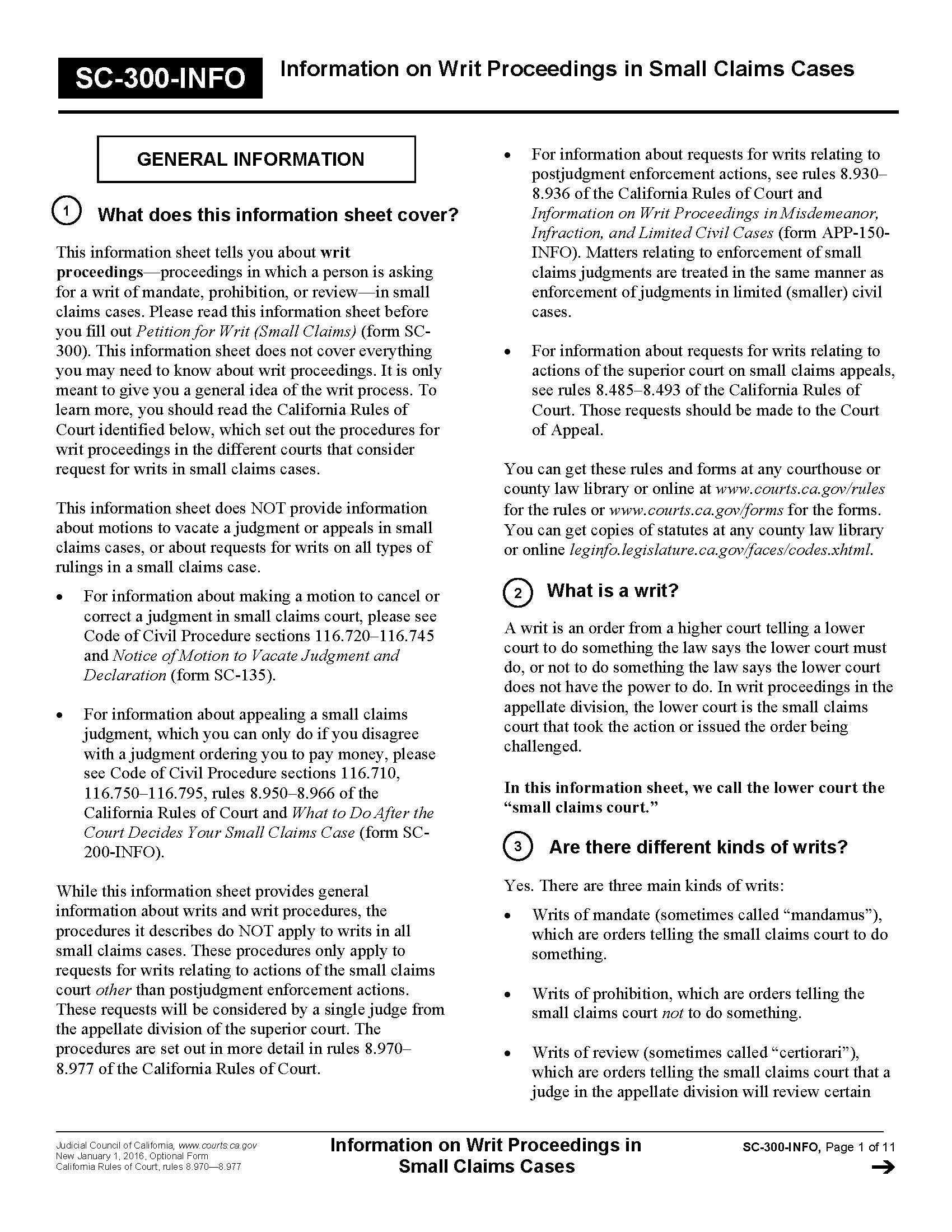 Information On Writ Proceedings In Small Claims Cases {SC-300-INFO} | Pdf Fpdf Doc Docx | California