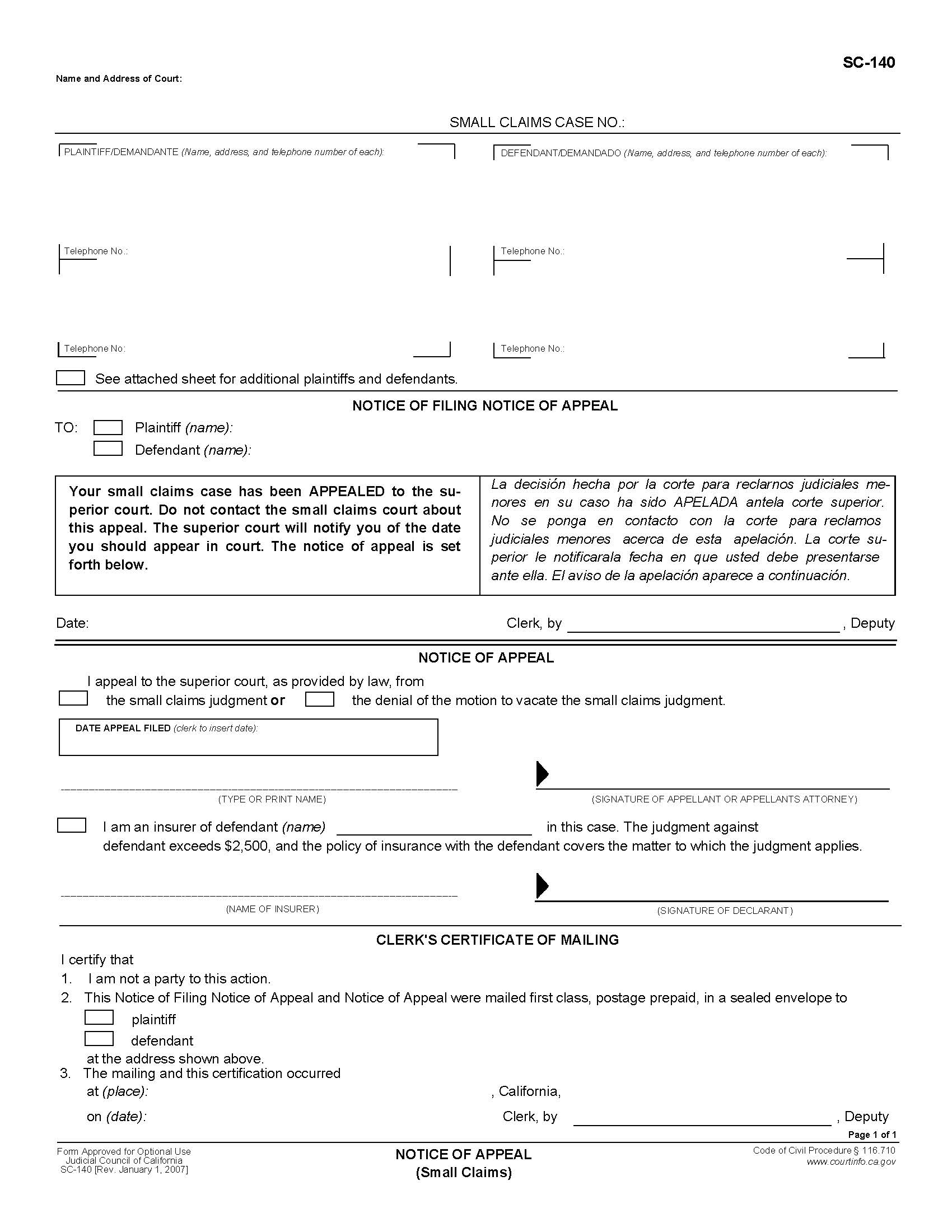 Notice Of Appeal (Small Claims) {SC-140} | Pdf Fpdf Doc Docx | California