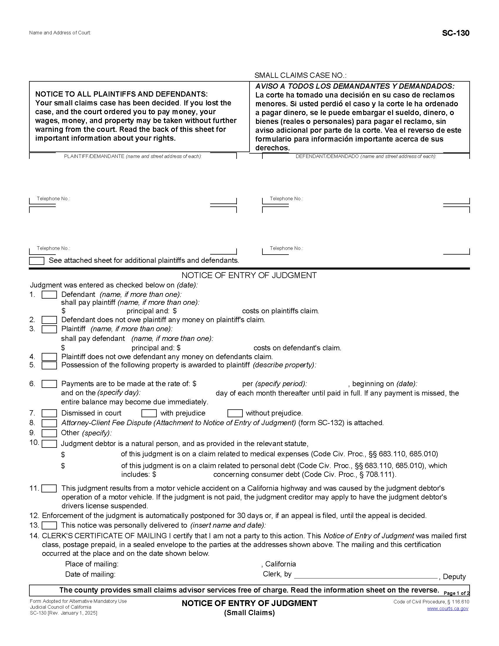 Notice Of Entry Of Judgment (Small Claims) {SC-130} | Pdf Fpdf Doc Docx | California