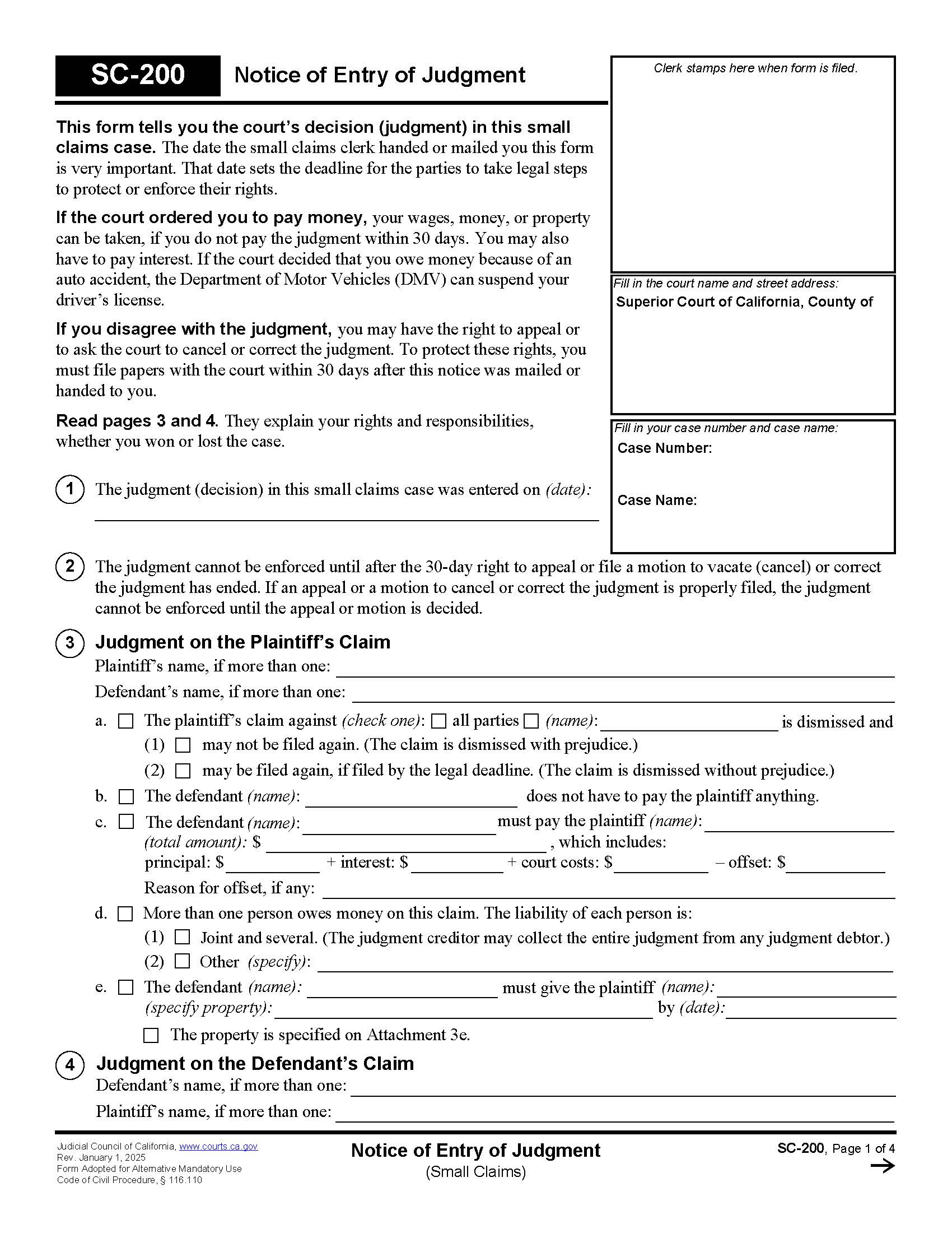 Notice Of Entry Of Judgment (Small Claims) {SC-200} | Pdf Fpdf Doc Docx | California