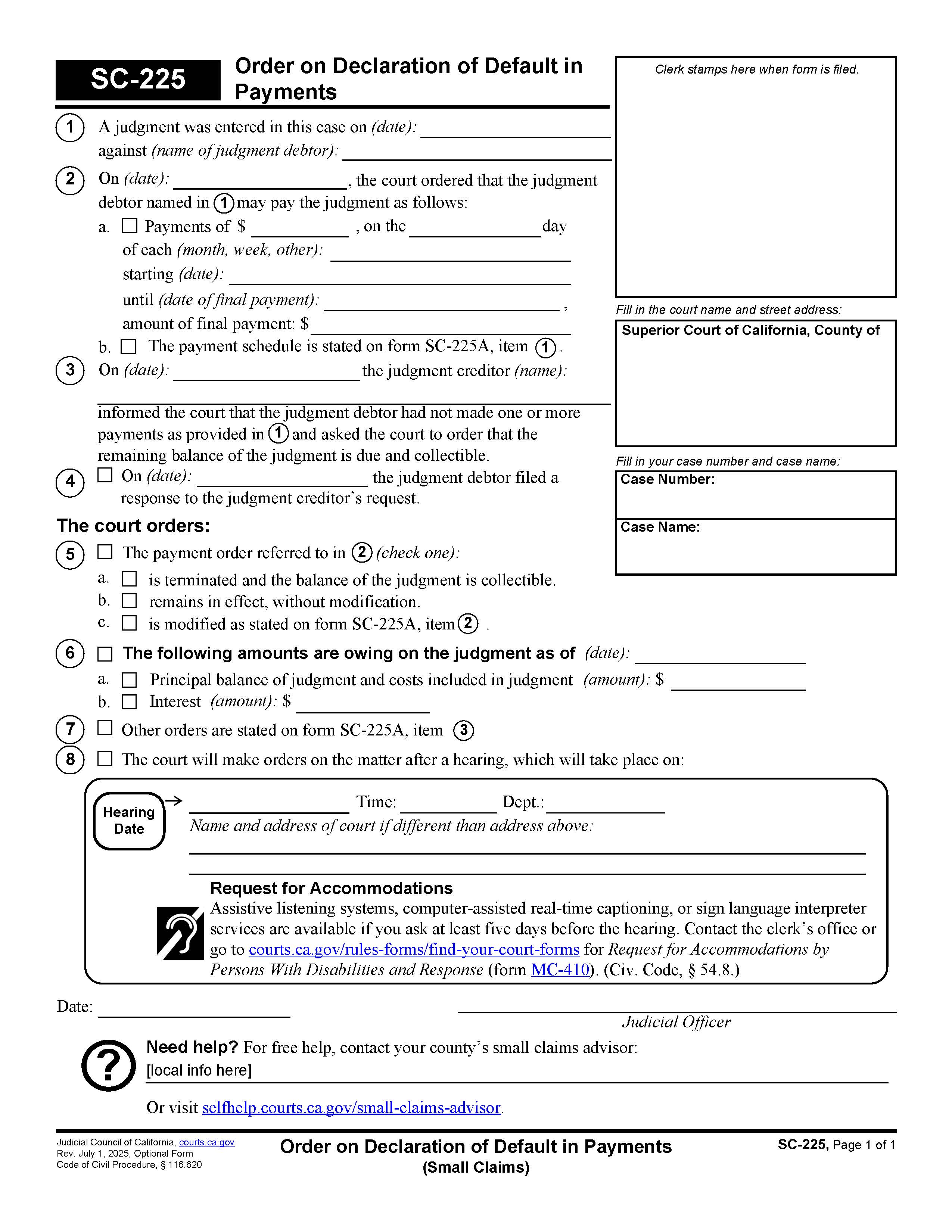 Order On Declaration Of Default In Payments {SC-225} | Pdf Fpdf Doc Docx | California