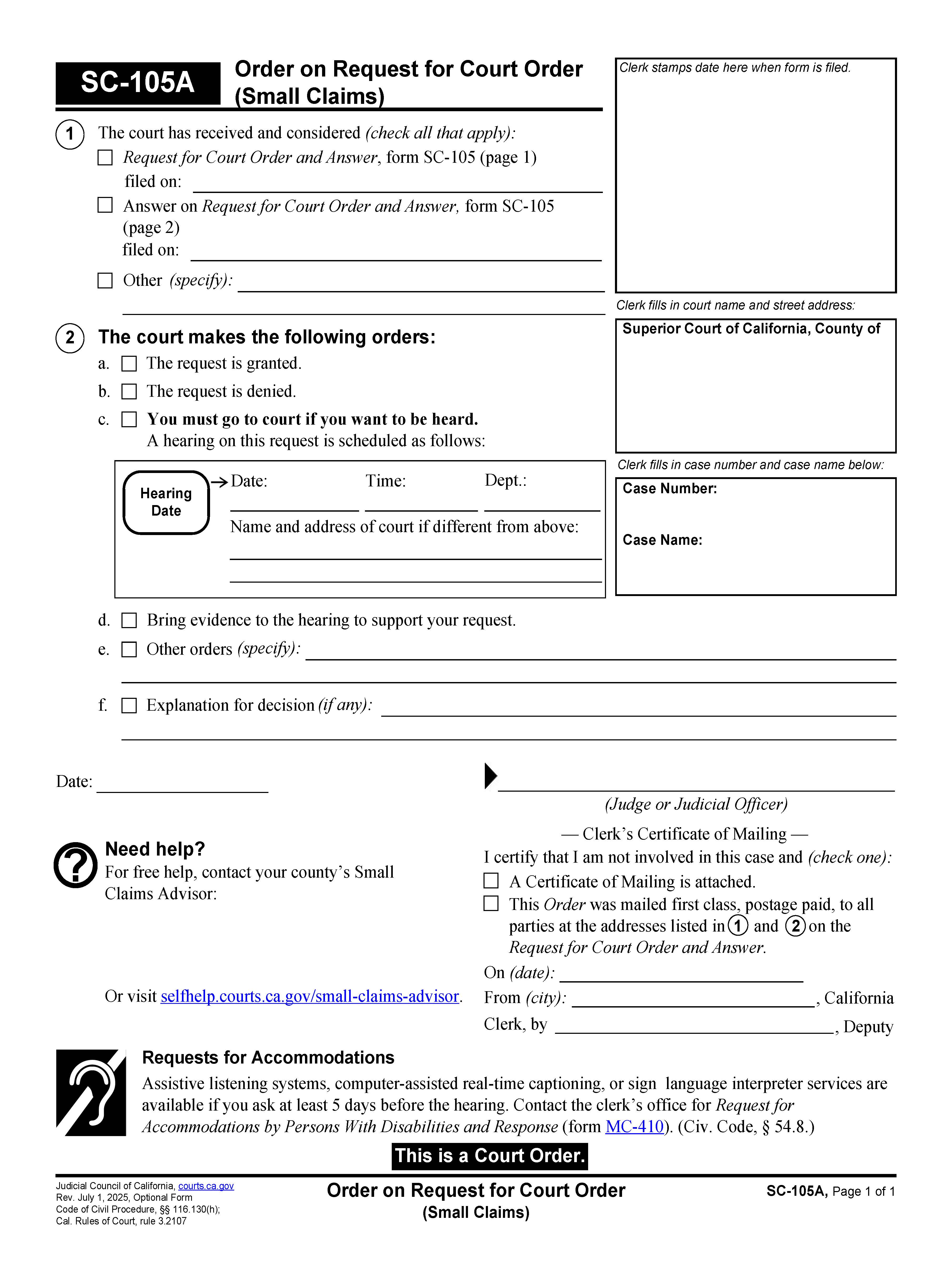 Order On Request For Court Order (Small Claims) {SC-105A} | Pdf Fpdf Doc Docx | California