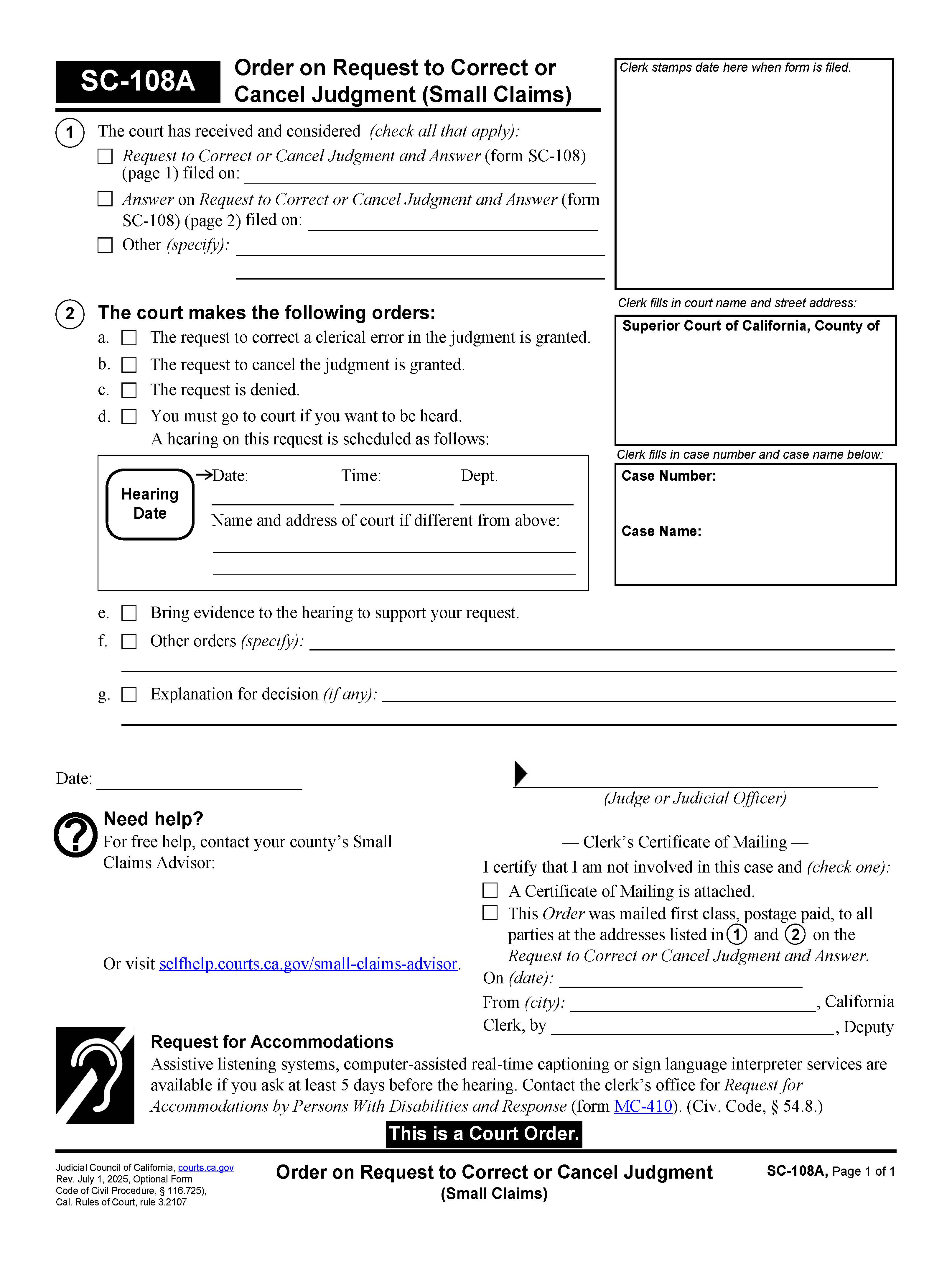 Order On Request To Correct Or Cancel Judgment (Small Claims) {SC-108A} | Pdf Fpdf Doc Docx | California