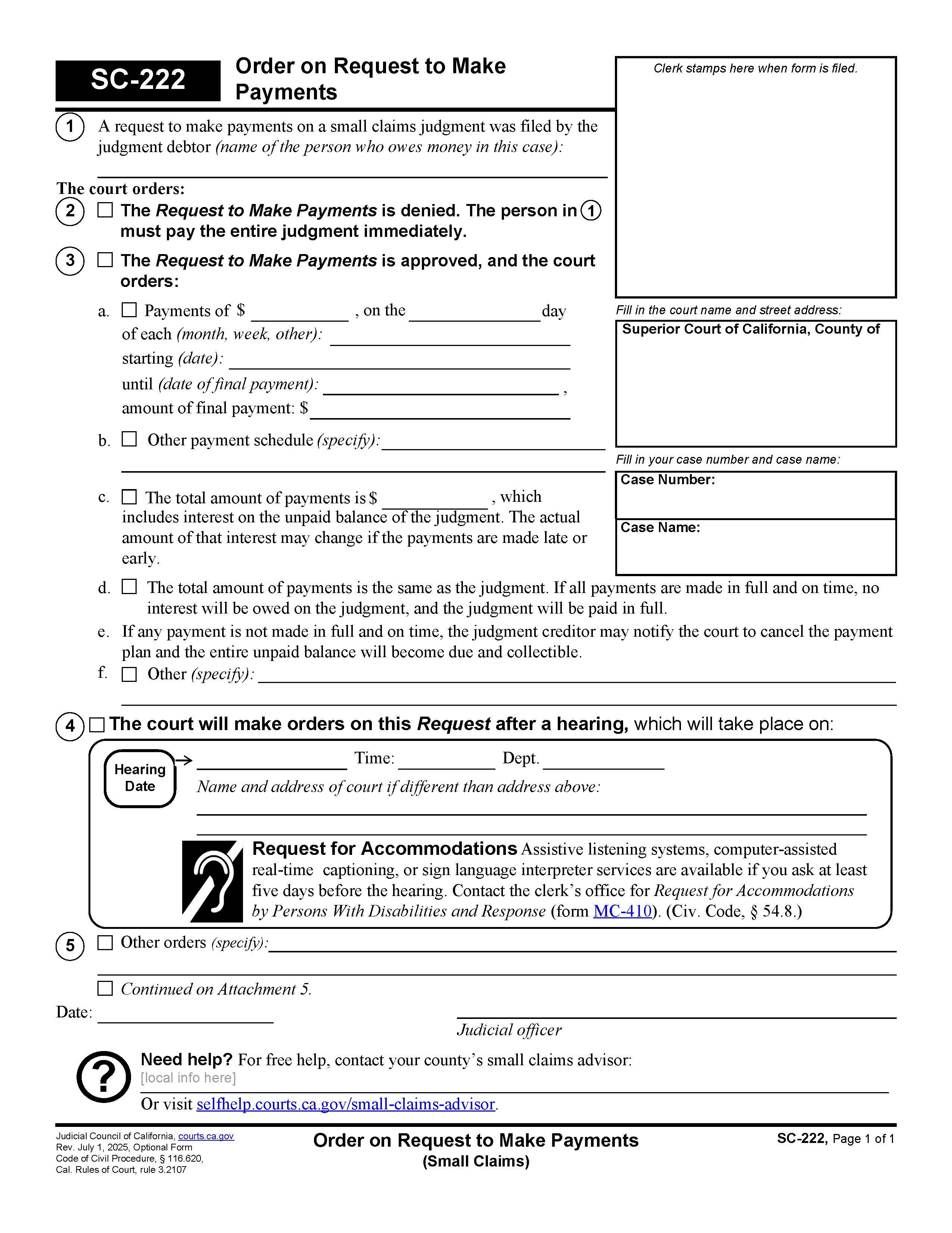 Order On Request To Make Payments (Small Claims) {SC-222} | Pdf Fpdf Doc Docx | California