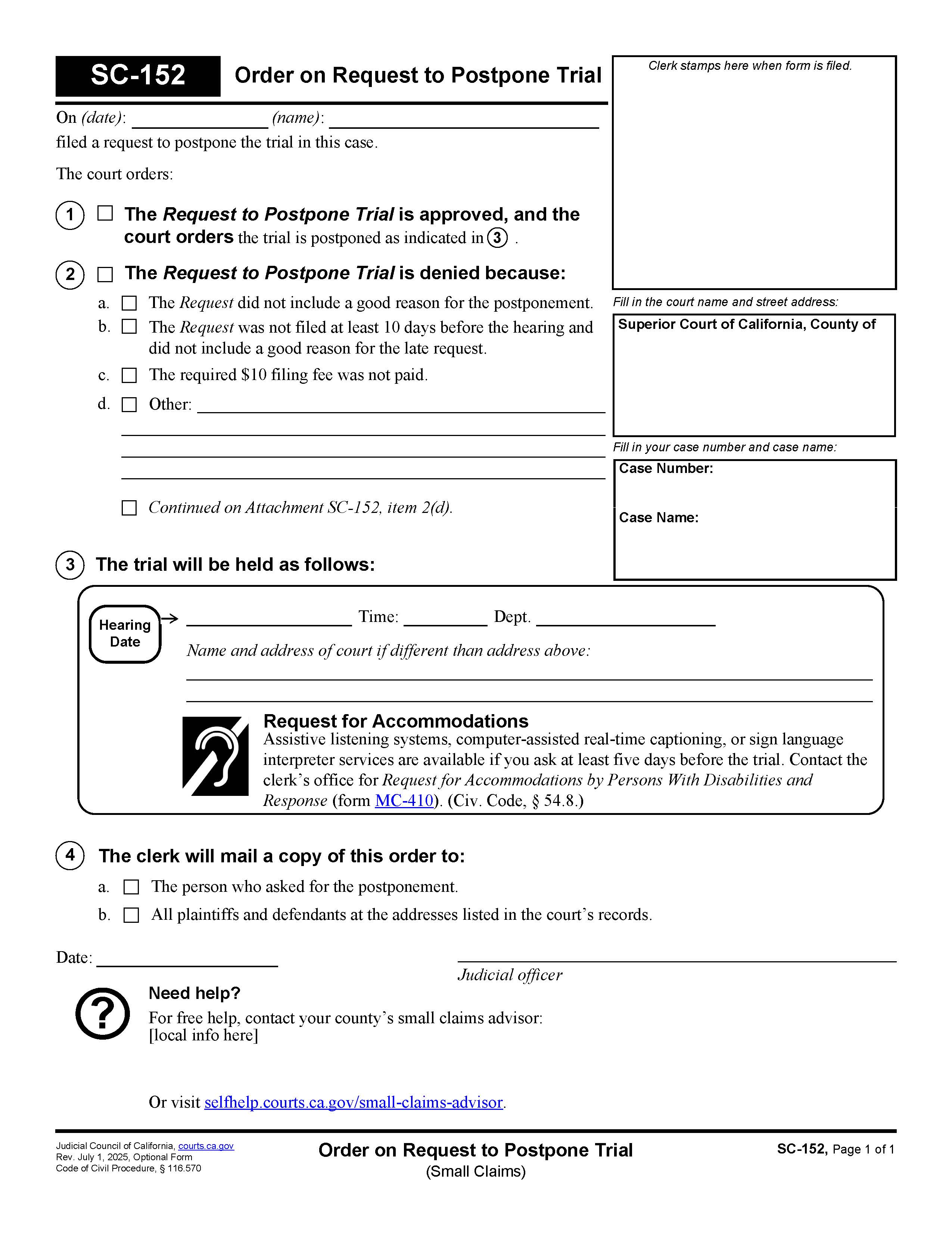 Order On Request To Postpone Trial (Small Claims) {SC-152} | Pdf Fpdf Doc Docx | California