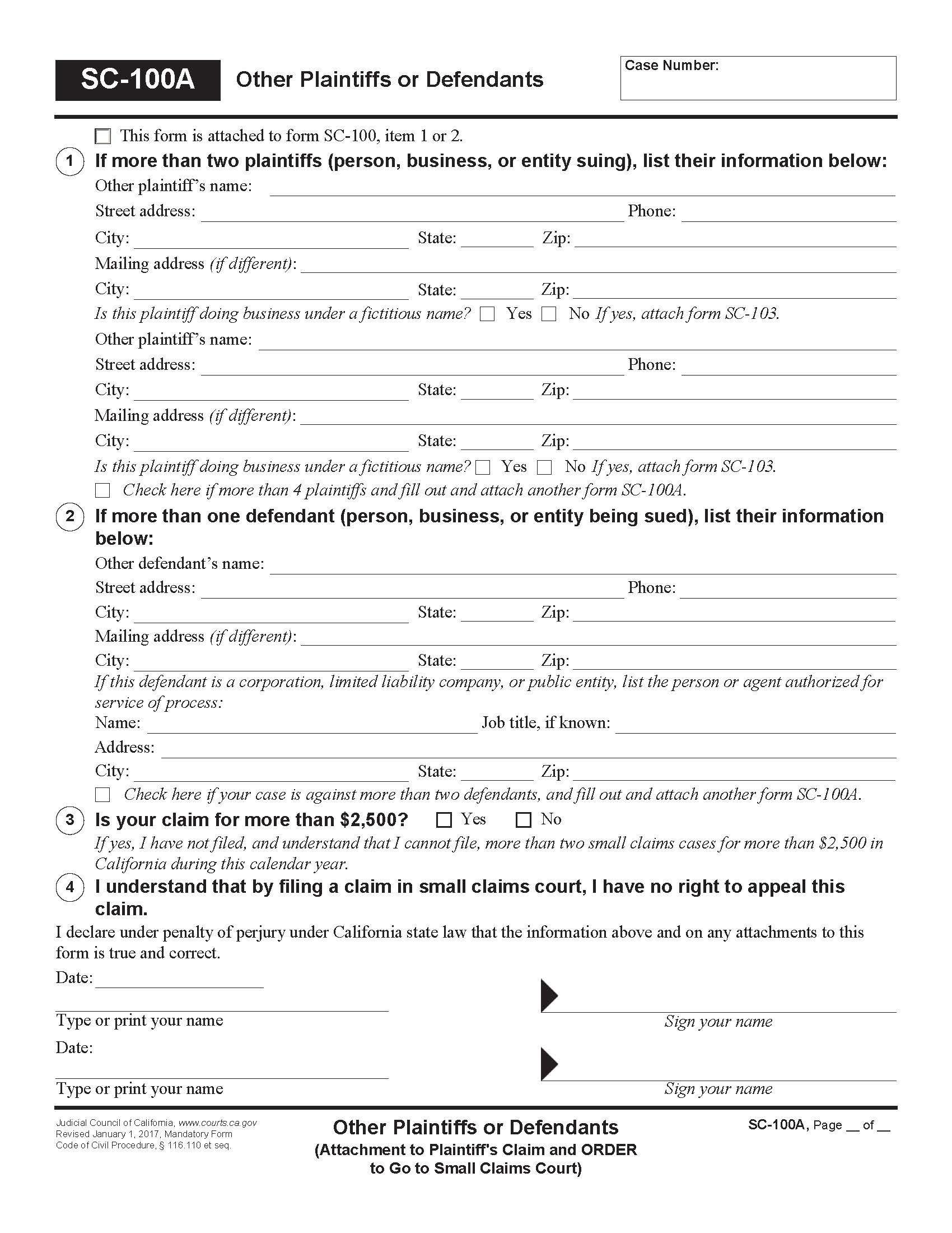 Other Plaintiffs Or Defendants (Attachment To Plaintiffs Claim And Order) {SC-100A} | Pdf Fpdf Doc Docx | California