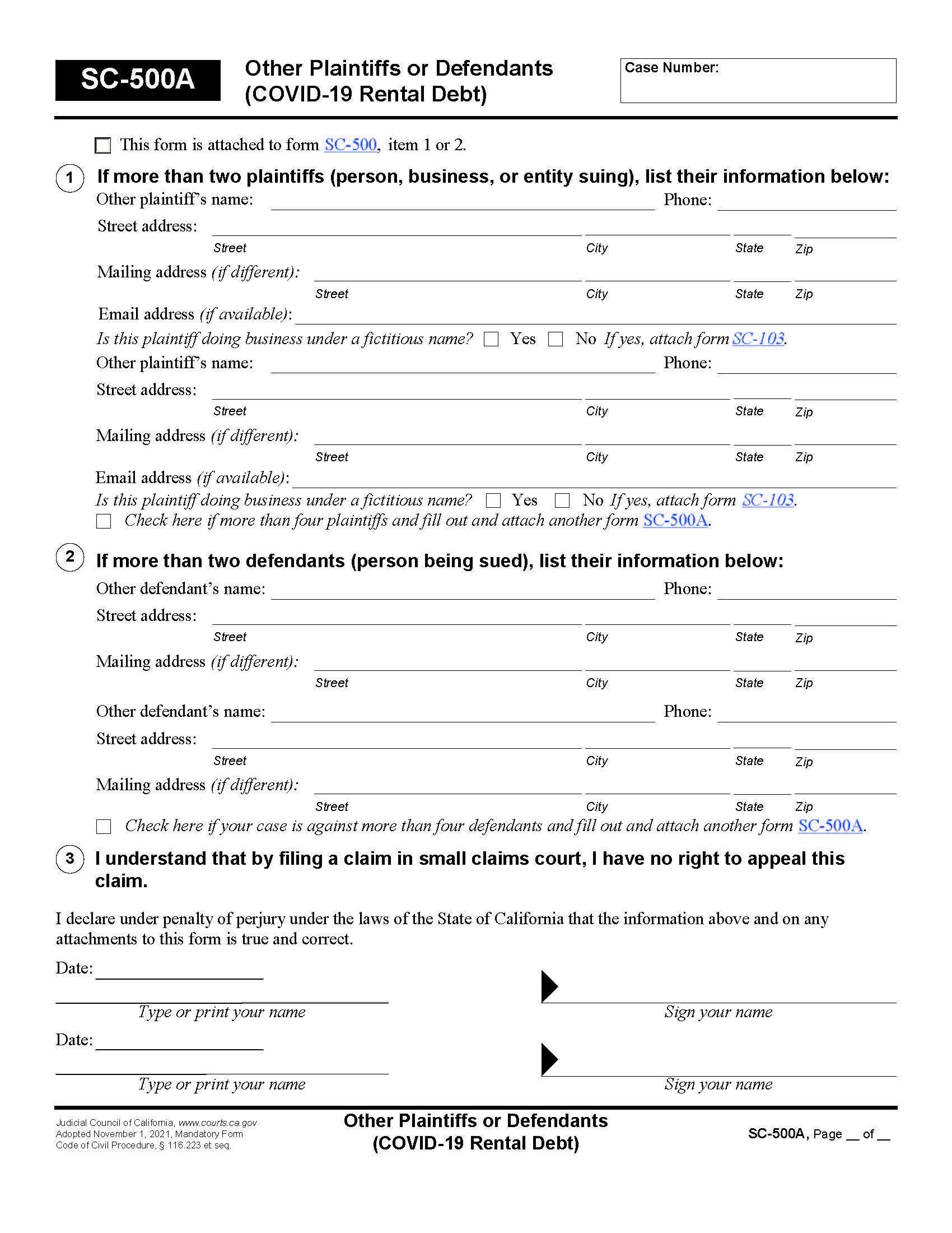 Other Plaintiffs Or Defendents (COVID-19 Rental Debt) {SC-500A} | Pdf Fpdf Docx | California