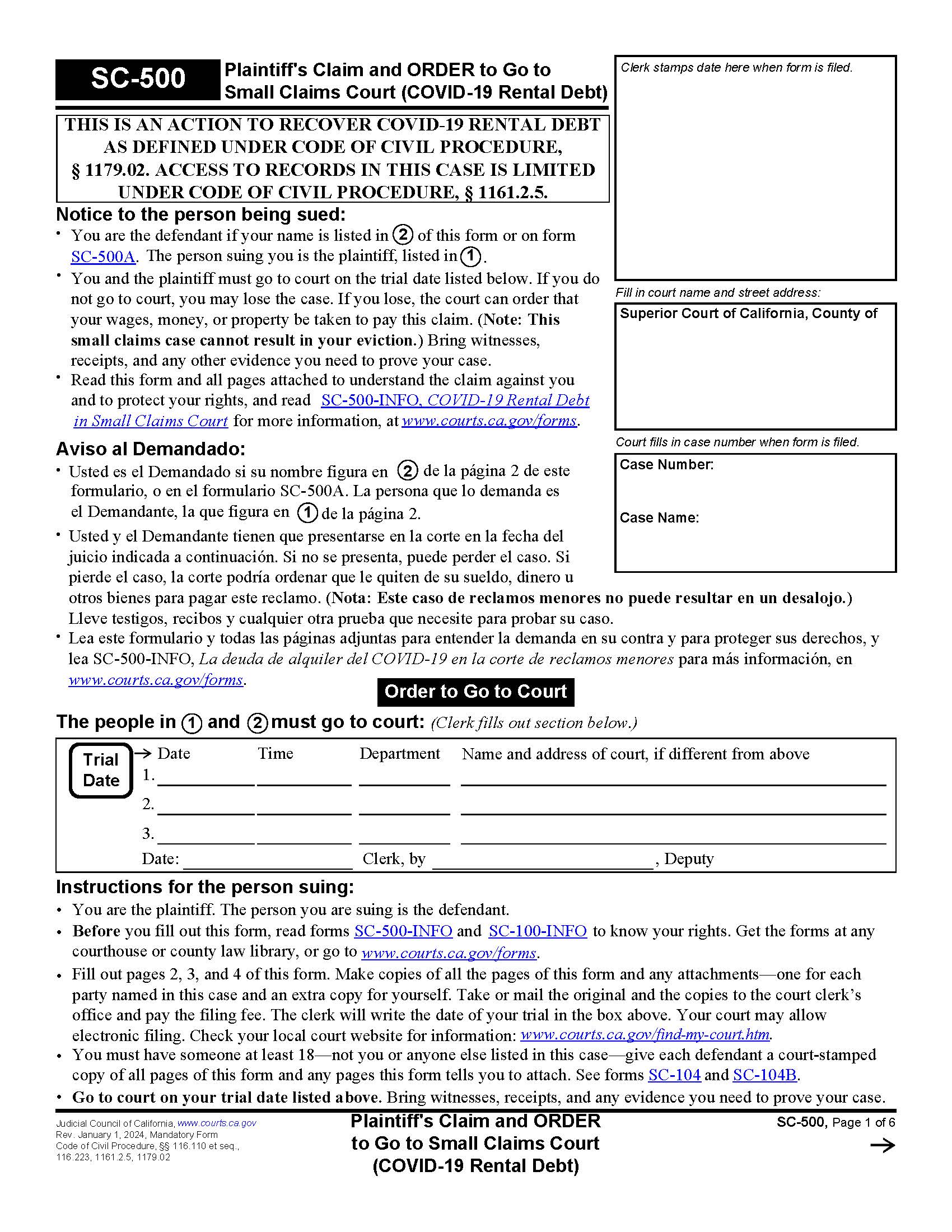 Plaintiffs Claim And ORDER To Go To Small Claims Court (COVID-19 Rental Debt) {SC-500} | Pdf Fpdf Docx | California