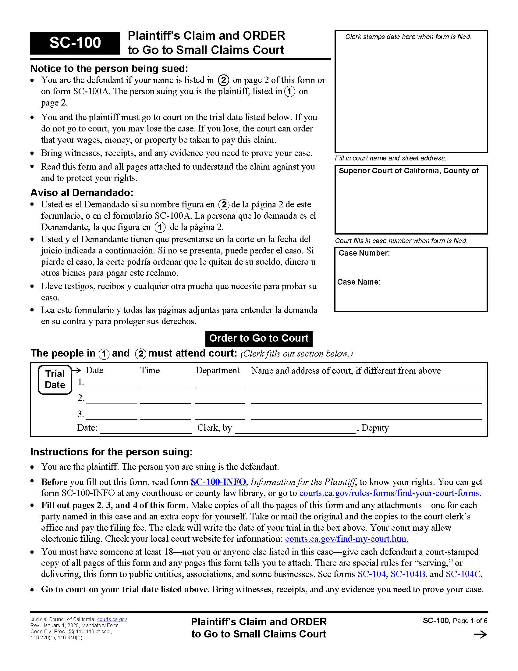 Plaintiffs Claim And Order To Go To Small Claims Court {SC-100} | Pdf Fpdf Doc Docx | California