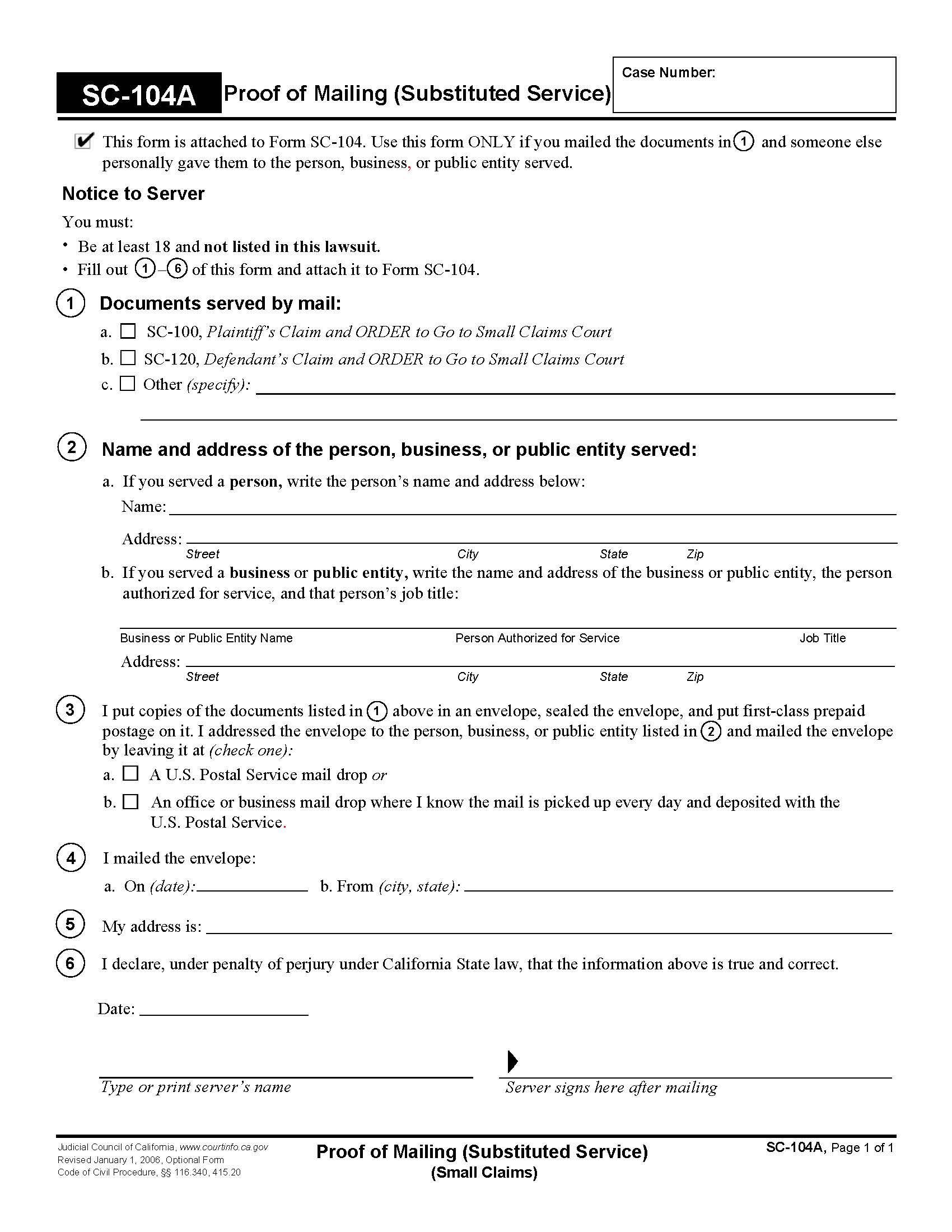 Proof Of Mailing (Substituted Service) (Small Claims) {SC-104A} | Pdf Fpdf Doc Docx | California