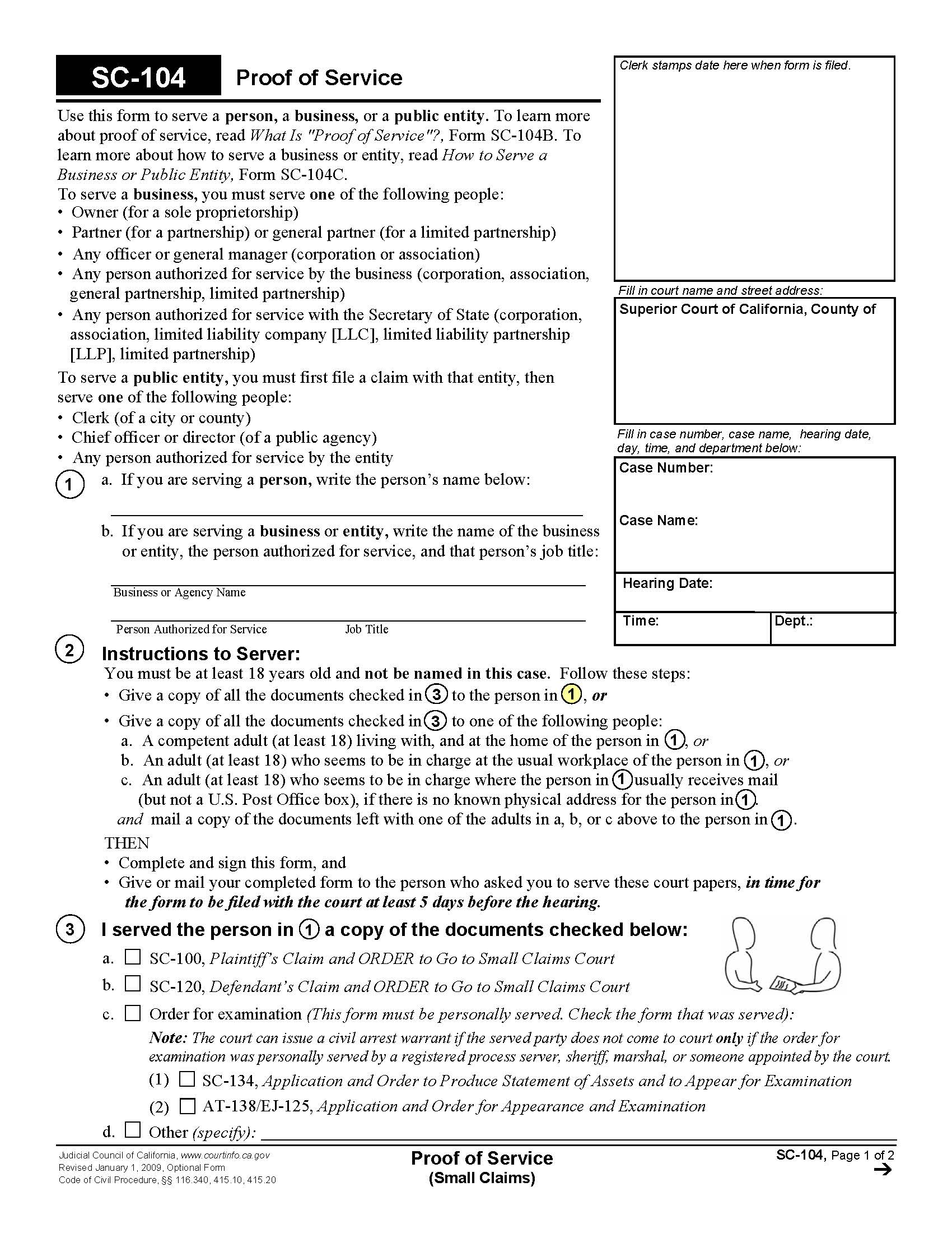 Proof Of Service (Small Claims) {SC-104} | Pdf Fpdf Doc Docx | California