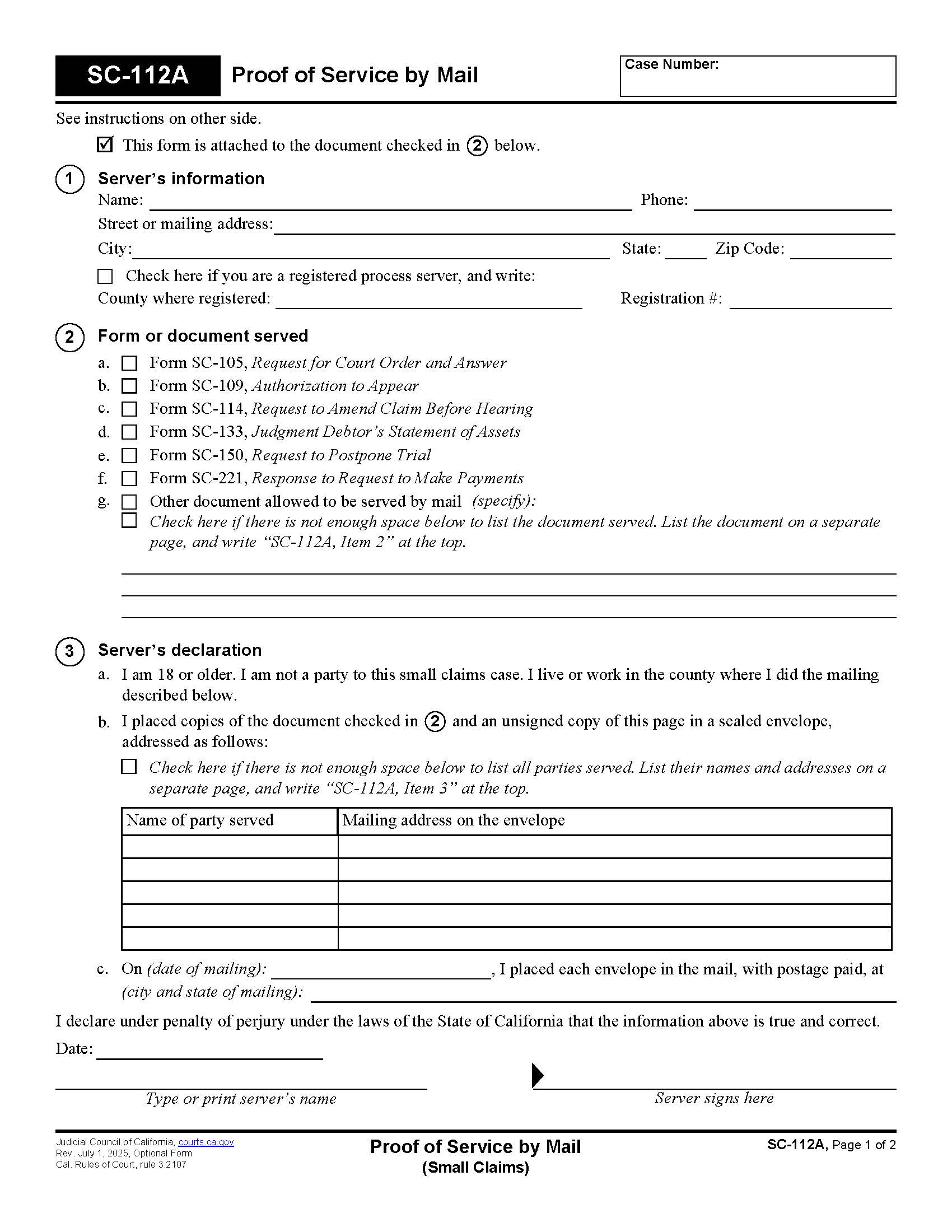 Proof Of Service By Mail (Small Claims) {SC-112A} | Pdf Fpdf Doc Docx | California