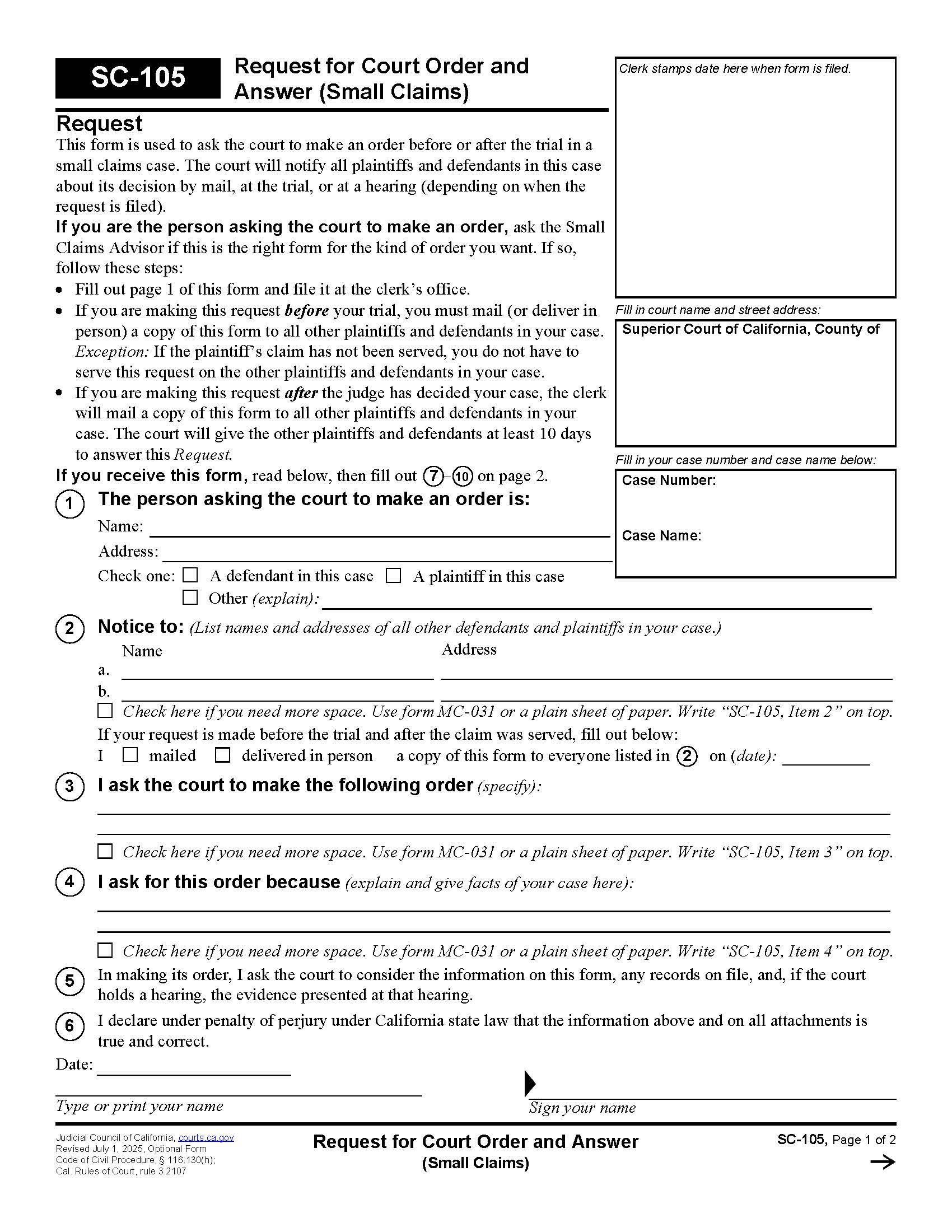 Request For Court Order And Answer (Small Claims) {SC-105} | Pdf Fpdf Doc Docx | California