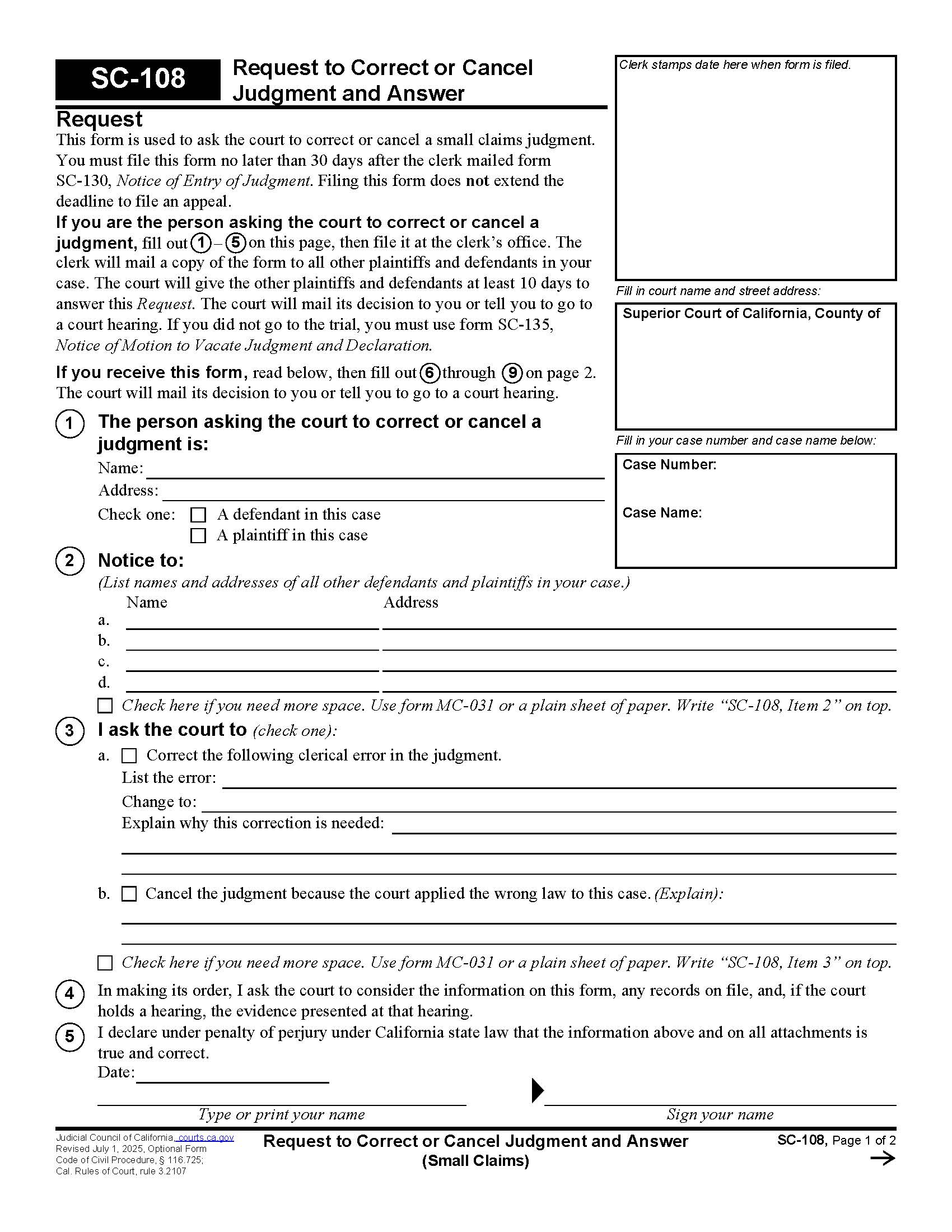 Request To Correct Or Cancel Judgment And Answer (Small Claims) {SC-108} | Pdf Fpdf Doc Docx | California