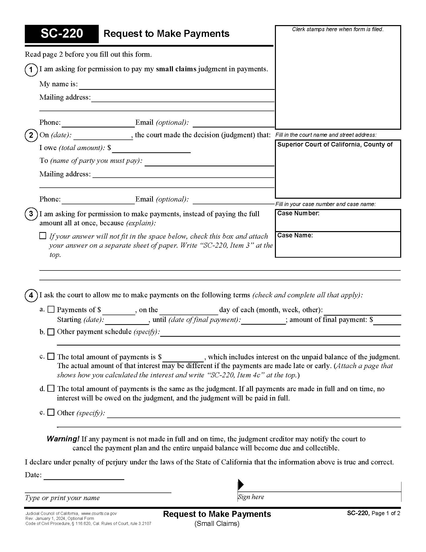 Request To Make Payments (Small Claims) {SC-220} | Pdf Fpdf Doc Docx | California