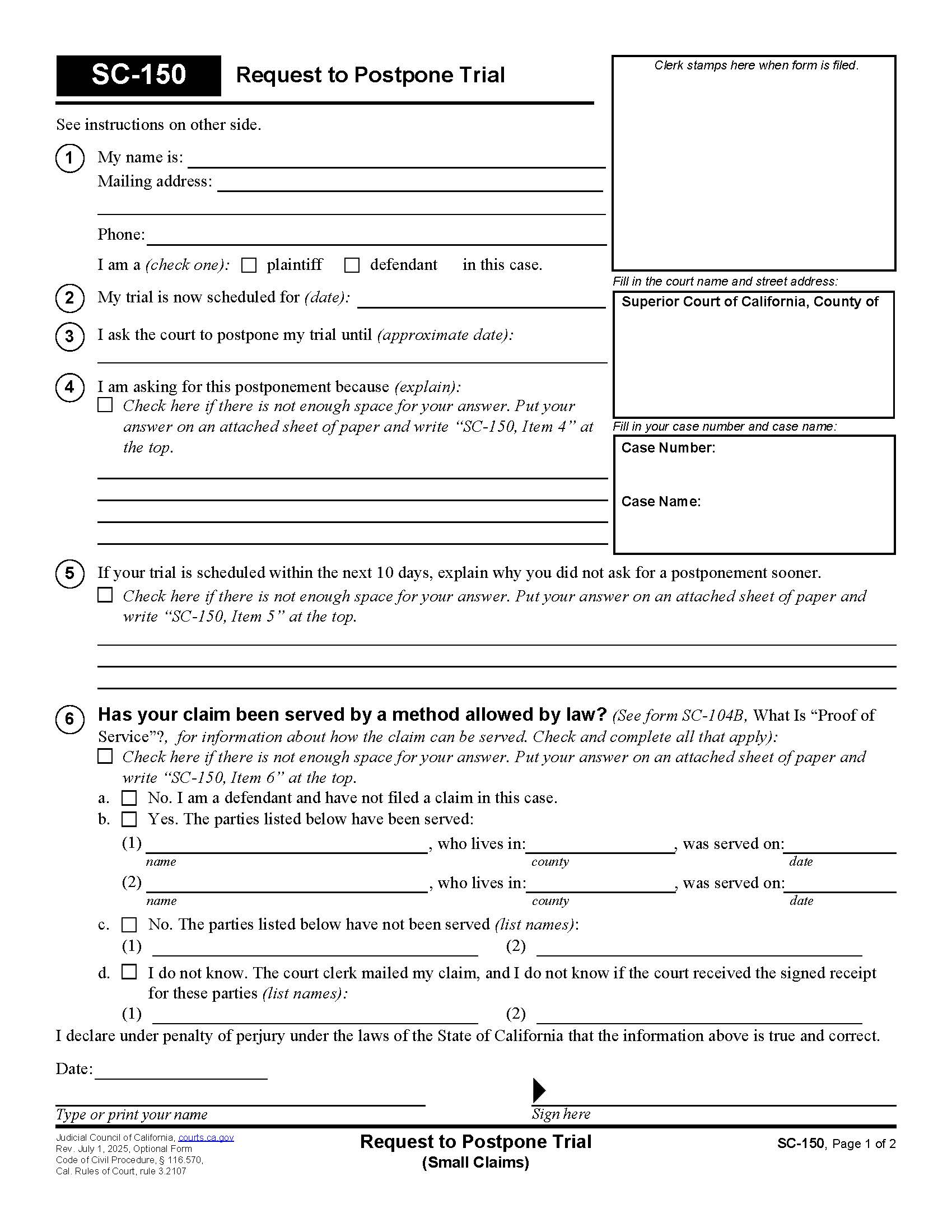 Request To Postpone Trial (Small Claims) {SC-150} | Pdf Fpdf Doc Docx | California
