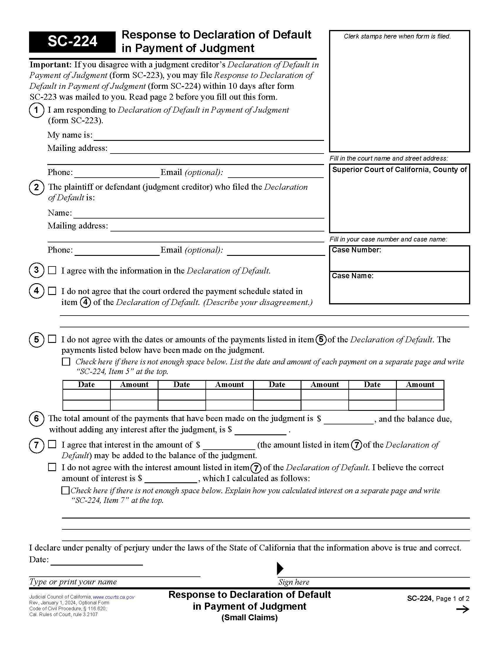 Response To Declaration Of Default In Payment Of Judgment {SC-224} | Pdf Fpdf Doc Docx | California