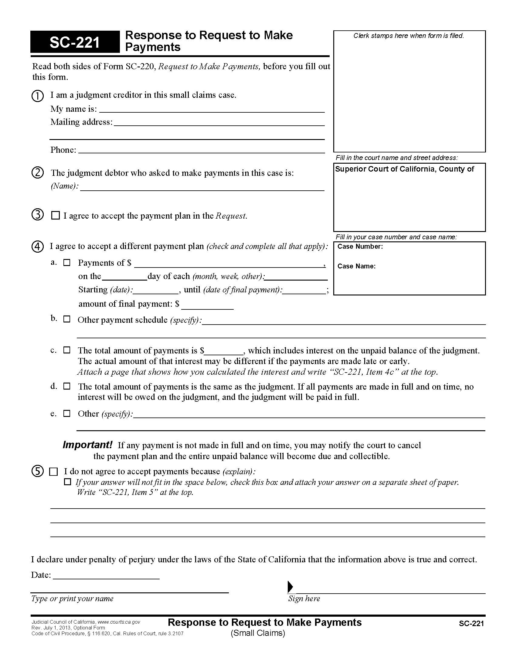Response To Request To Make Payments (Small Claims) {SC-221} | Pdf Fpdf Doc Docx | California