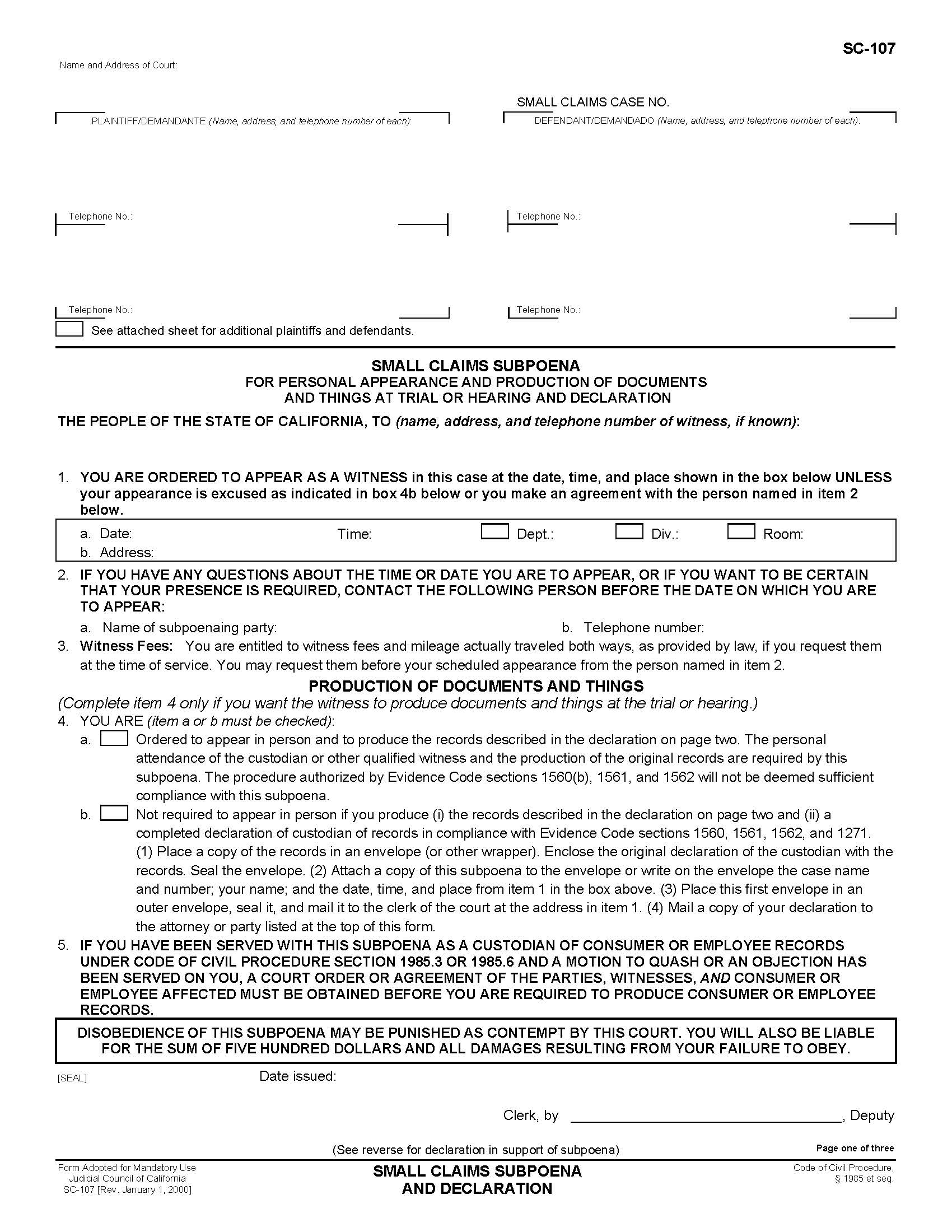 Small Claims Subpoena For Personal Appearance And Production Of Documents {SC-107} | Pdf Fpdf Doc Docx | California
