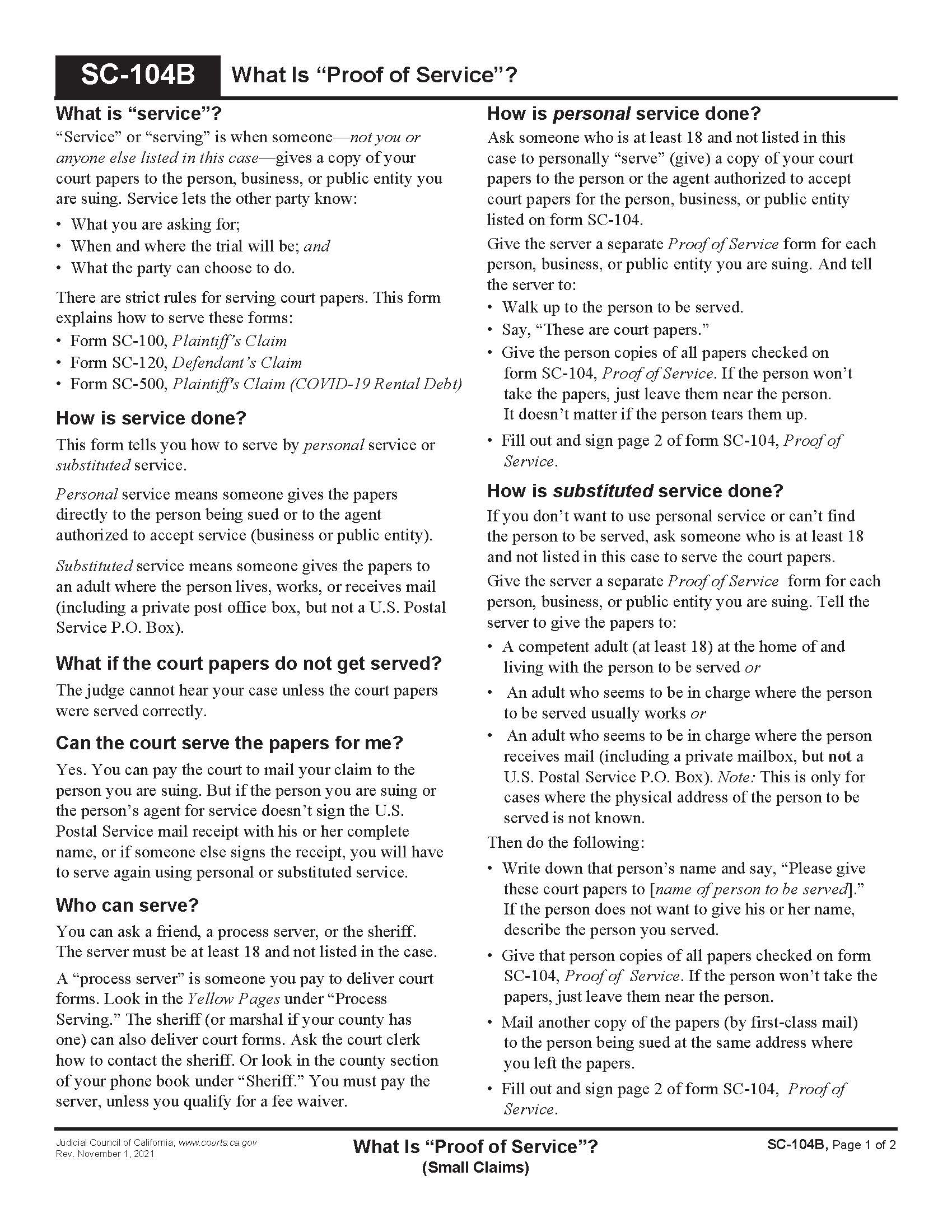What Is Proof Of Service (Small Claims) {SC-104B} | Pdf Fpdf Doc Docx | California