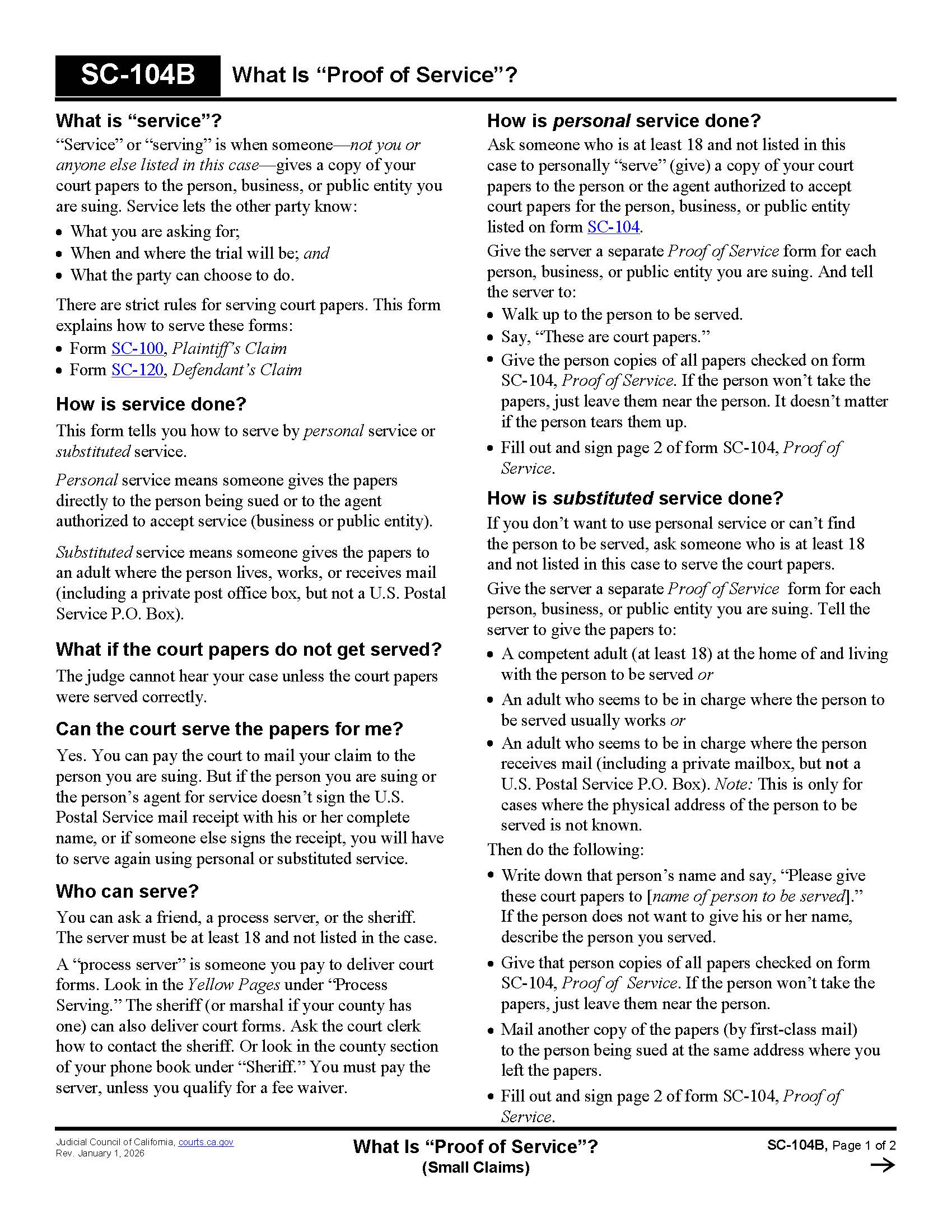 What Is Proof Of Service (Small Claims) {SC-104B} | Pdf Fpdf Doc Docx | California
