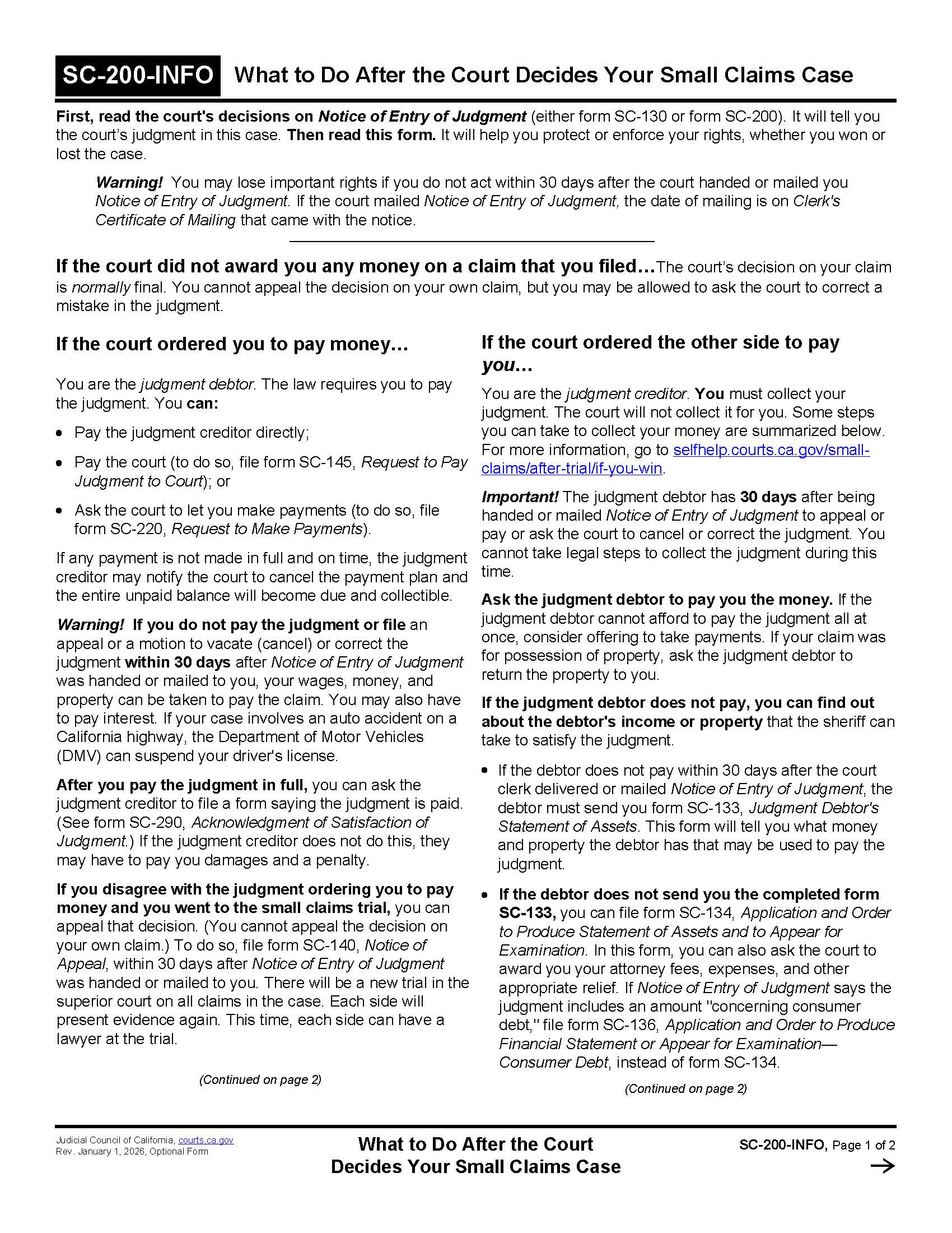 What To Do After The Court Decides Your Small Claims Case {SC-200-INFO} | Pdf Fpdf Doc Docx | California