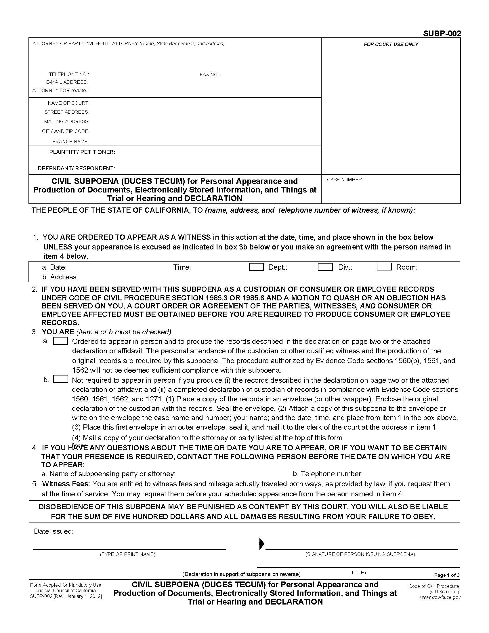 Civil Subpoena (Duces Tecum) For Personal Appearance And Production Of Documents {SUBP-002} | Pdf Fpdf Doc Docx | California
