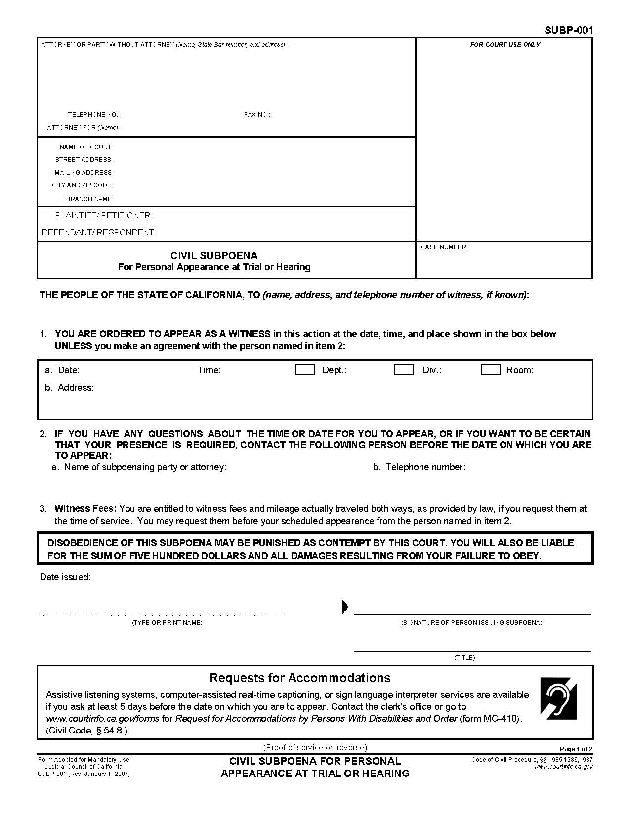 Civil Subpoena For Personal Appearance At Trial Or Hearing {SUBP-001} | Pdf Fpdf Doc Docx | California