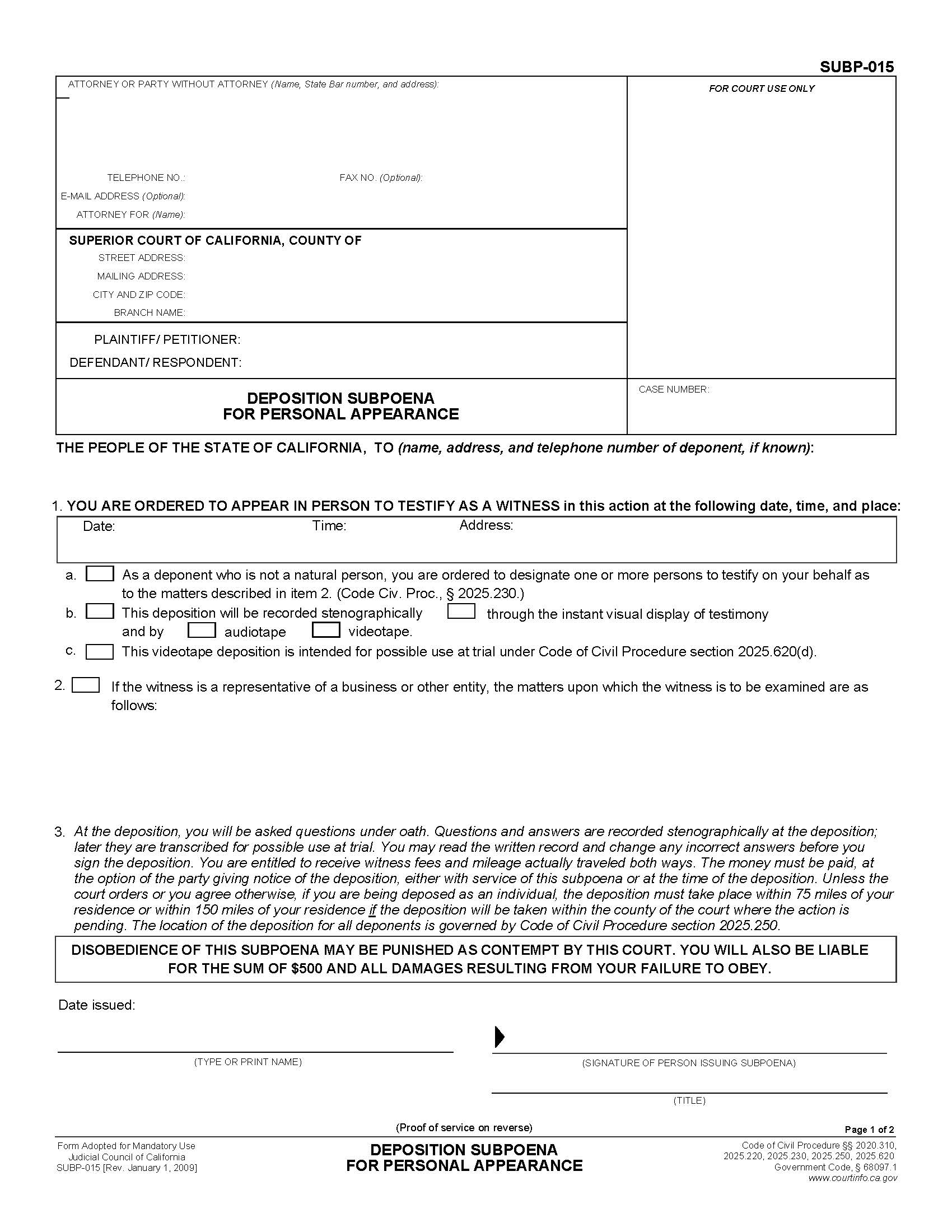 Deposition Subpoena For Personal Appearance {SUBP-015} | Pdf Fpdf Docx | California
