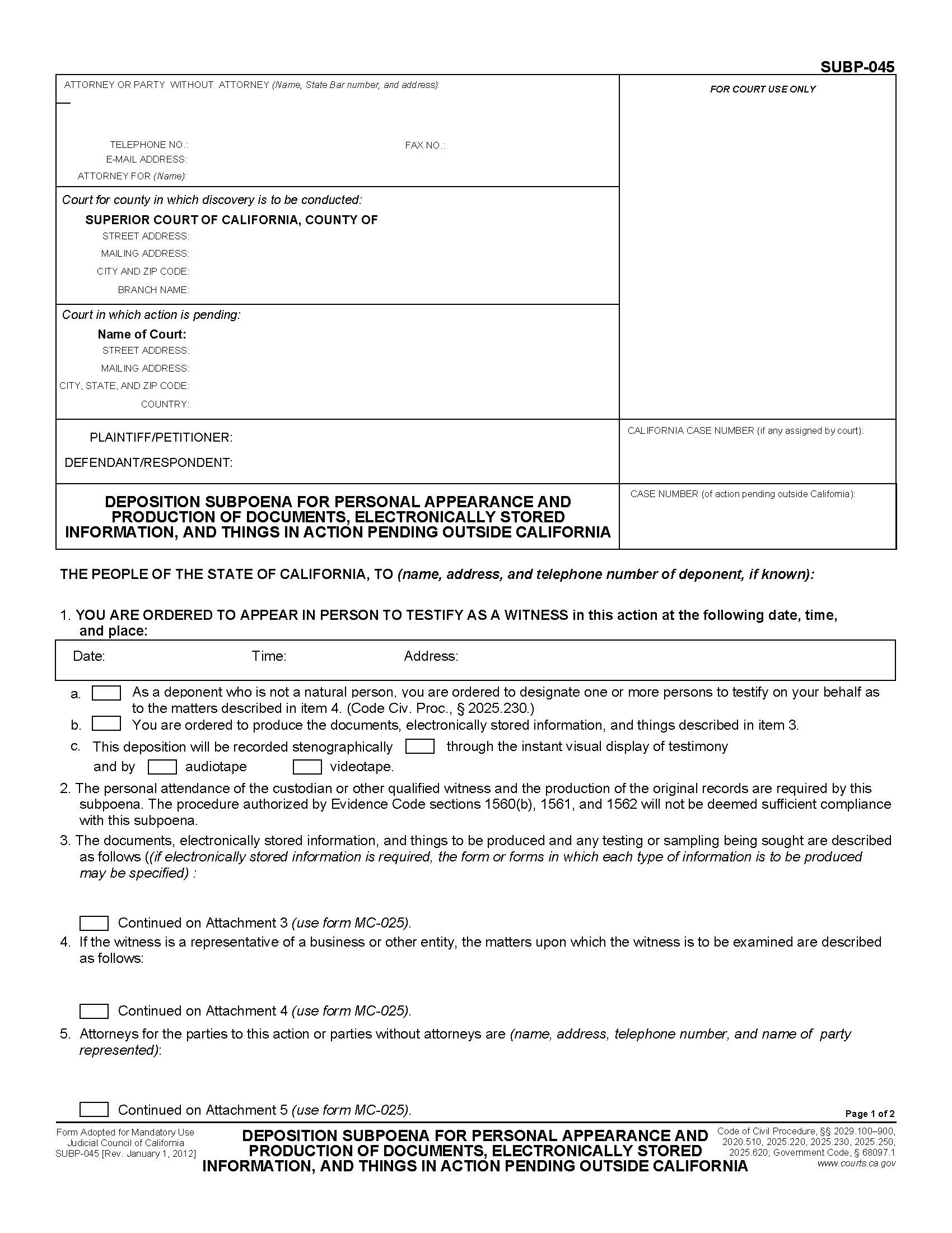 Deposition Subpoena For Personal Appearance And Production Of Documents {SUBP-045} | Pdf Fpdf Doc Docx | California