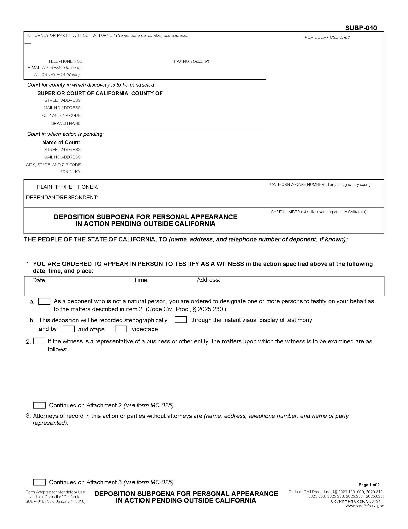 Deposition Subpoena For Personal Appearance In Action Pending Outside California {SUBP-040} | Pdf Fpdf Docx | California