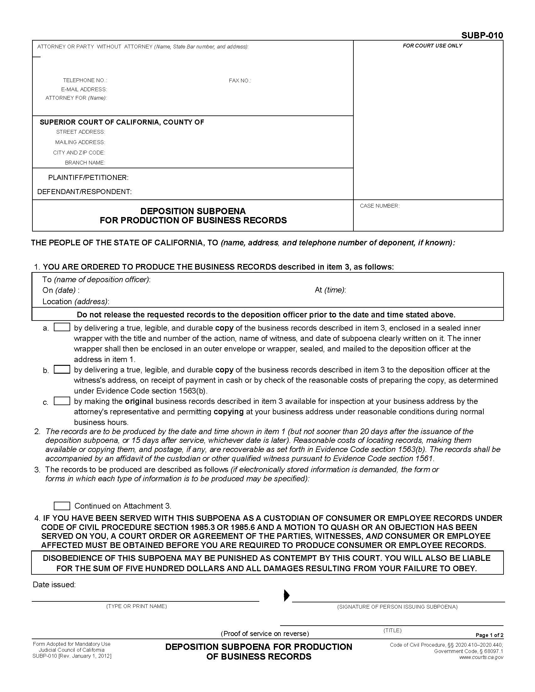 Deposition Subpoena For Production Of Business Records {SUBP-010} | Pdf Fpdf Doc Docx | California