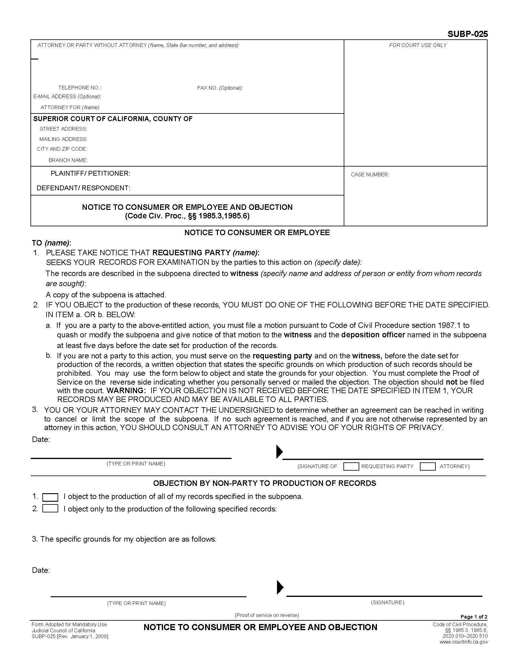 Notice To Consumer Or Employee And Objection {SUBP-025} | Pdf Fpdf Docx | California