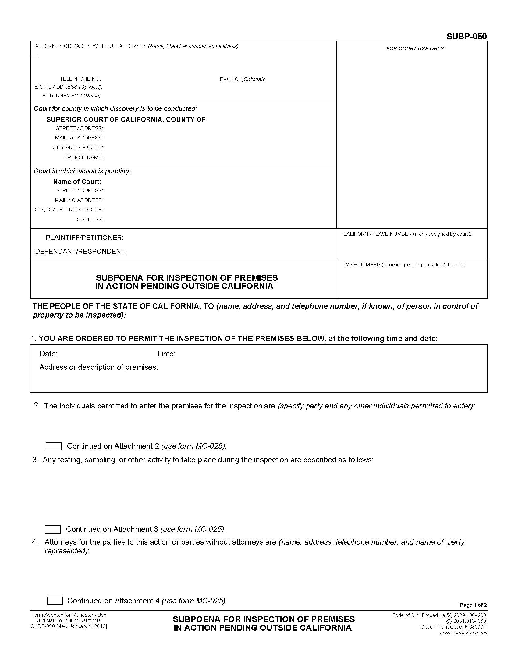 Subpoena For Inspection Of Premises In Action Pending Outside California {SUBP-050} | Pdf Fpdf Doc Docx | California