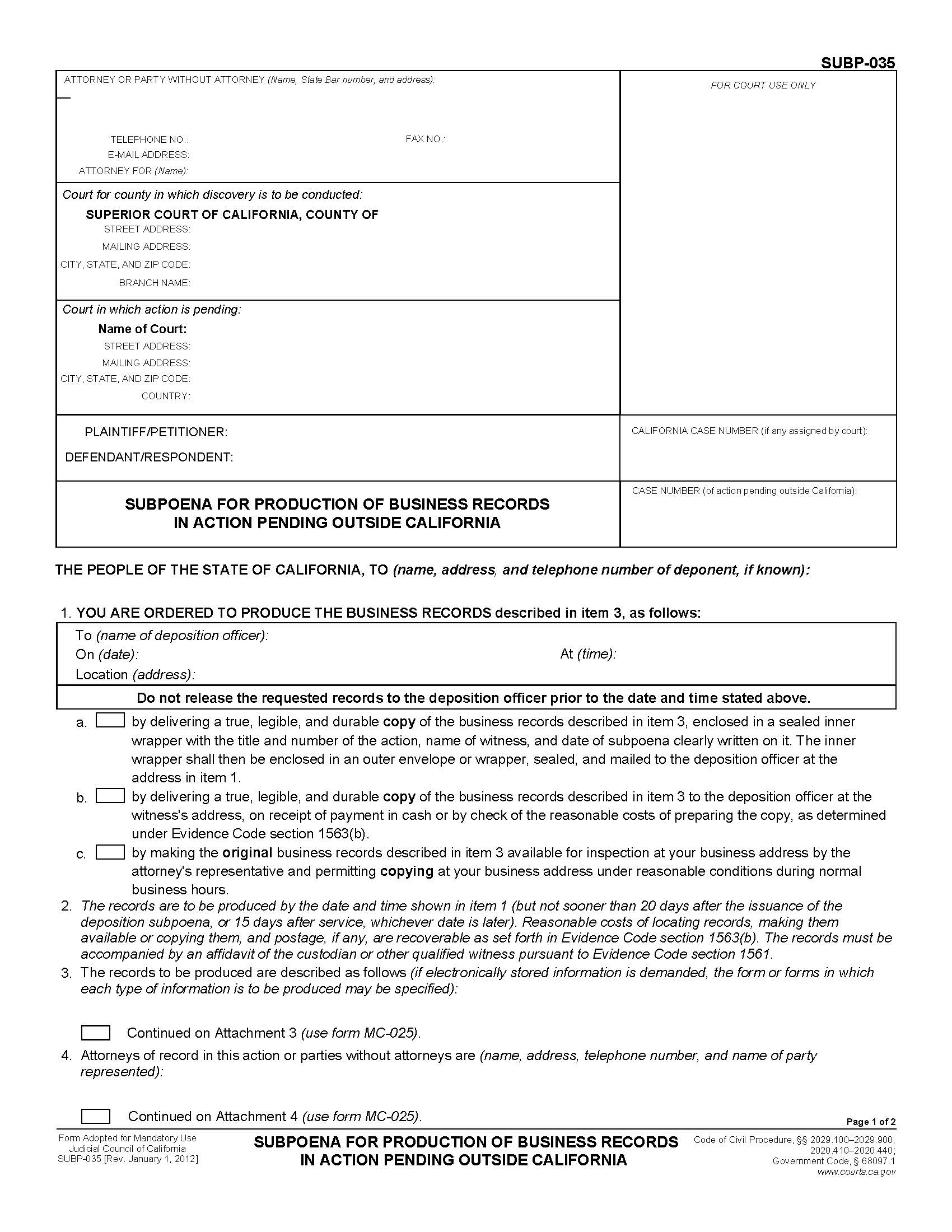 Subpoena For Production Of Business Records In Action Pending Outside California {SUBP-035} | Pdf Fpdf Doc Docx | California