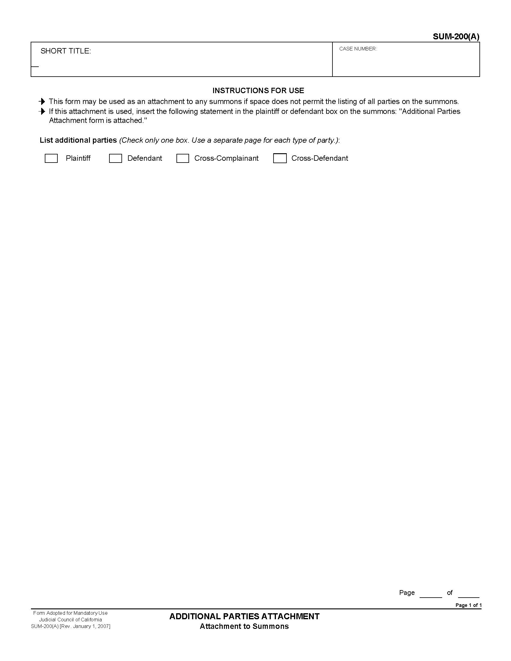 Additional Parties Attachment (Attachment To Summons) {SUM-200(A)} | Pdf Fpdf Doc Docx | California
