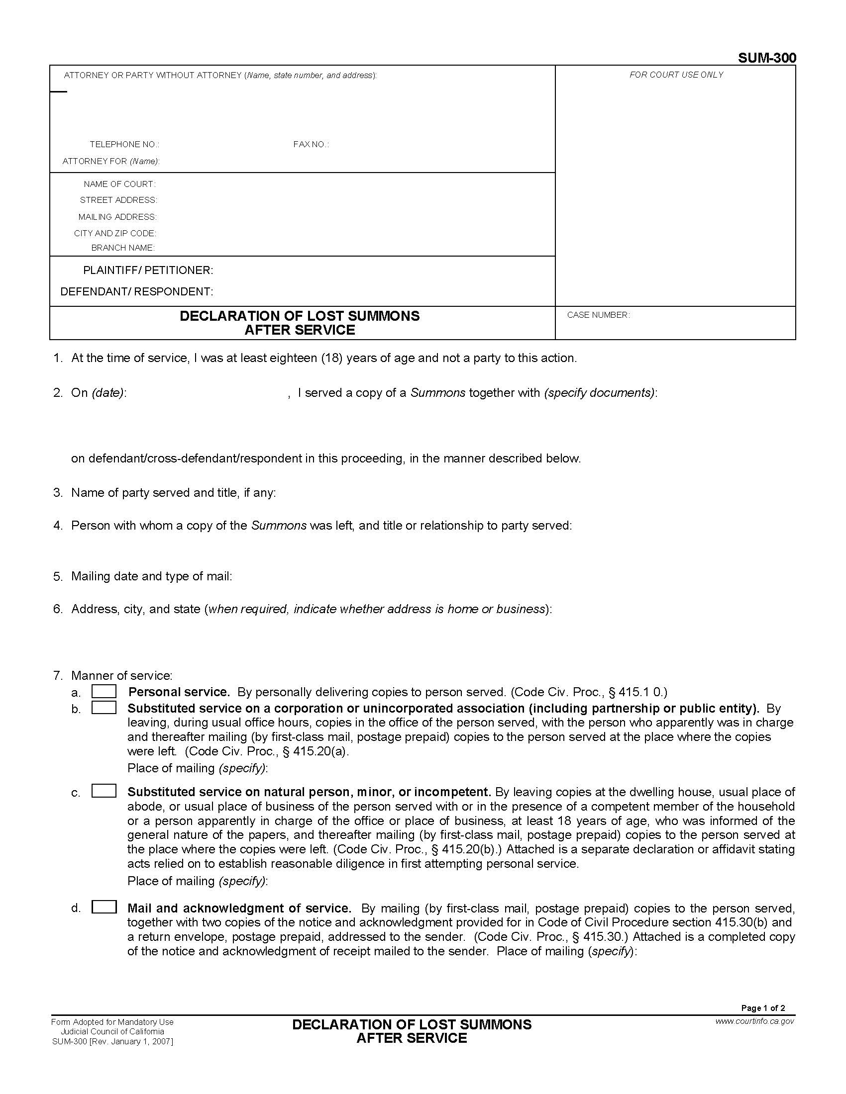 Declaration Of Lost Summons After Service {SUM-300} | Pdf Fpdf Doc Docx | California
