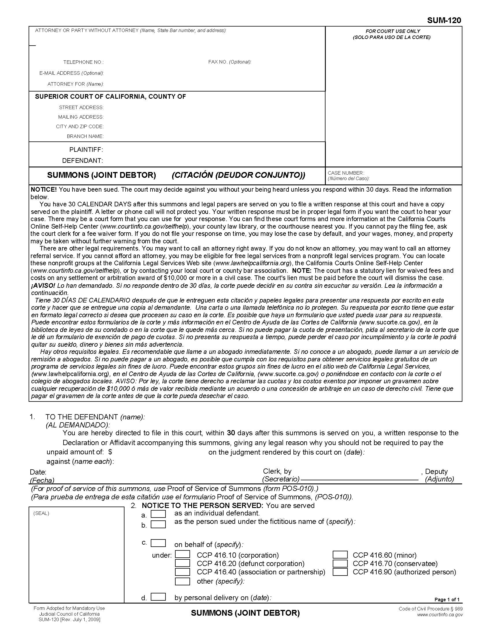 Summons (Joint Debtor) {SUM-120} | Pdf Fpdf Doc Docx | California