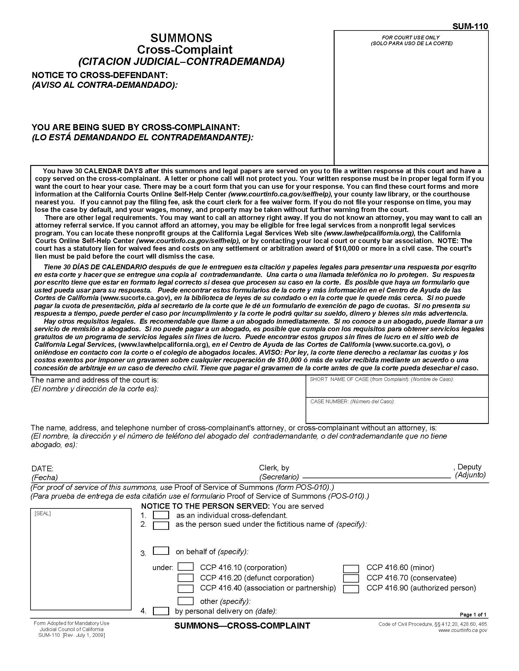 Summons-Cross Complaint {SUM-110} | Pdf Fpdf Doc Docx | California
