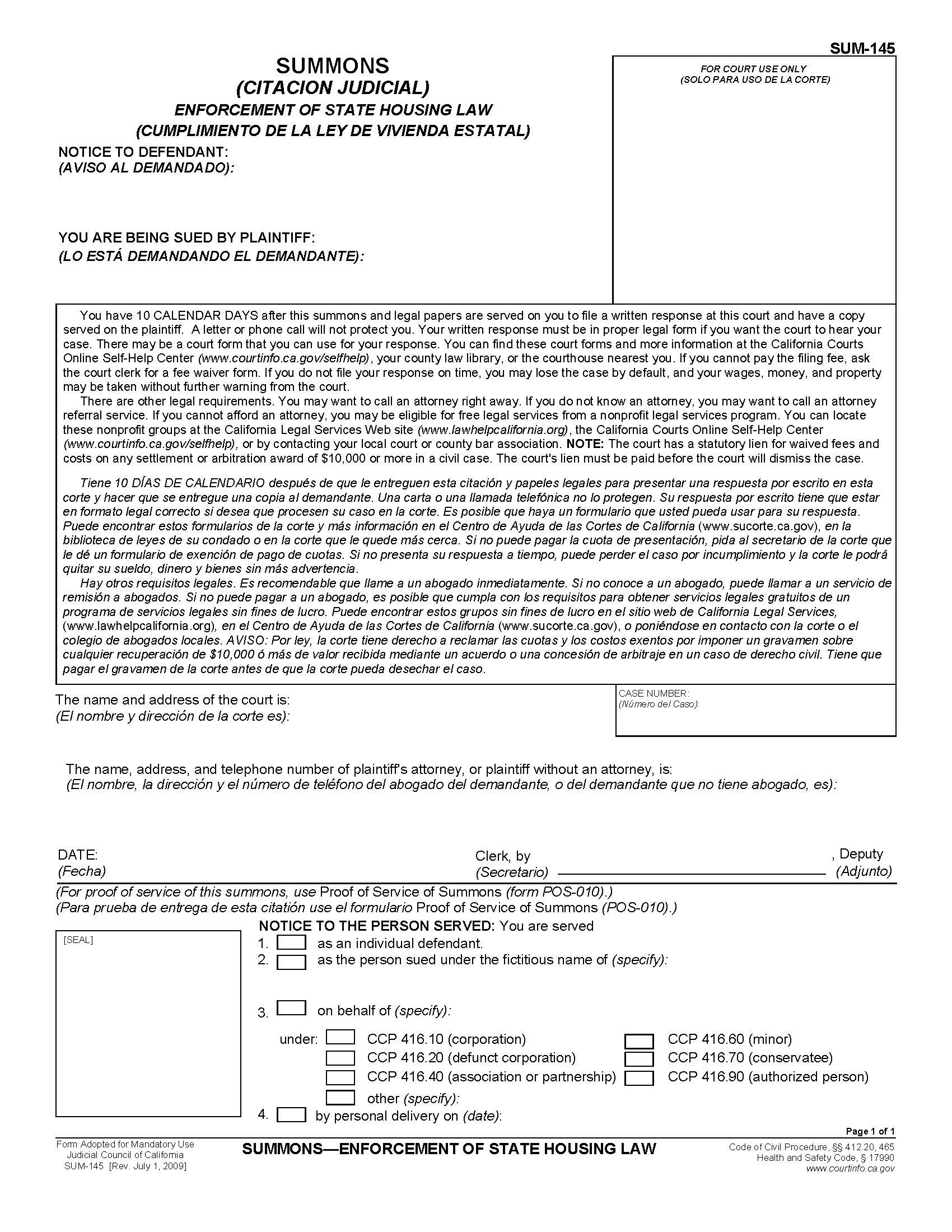 Summons-Enforcement Of State Housing Law {SUM-145} | Pdf Fpdf Doc Docx | California