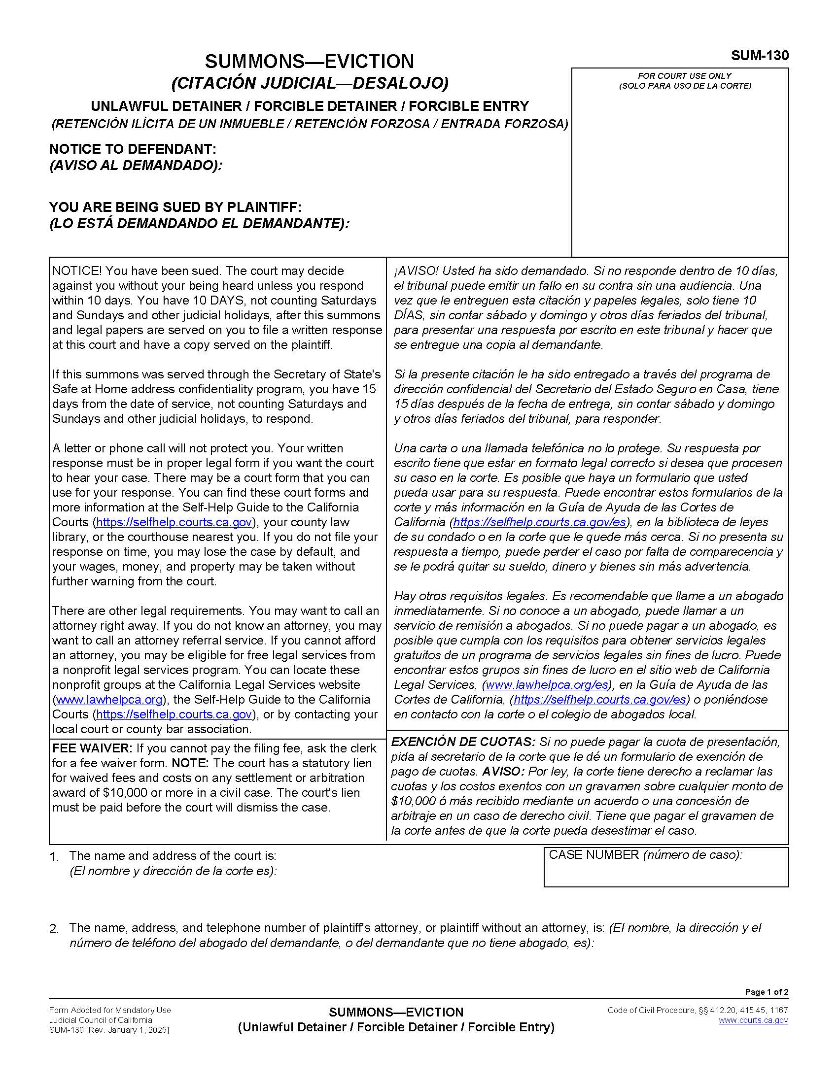 Summons-Unlawful Detainer-Eviction {SUM-130} | Pdf Fpdf Docx | California