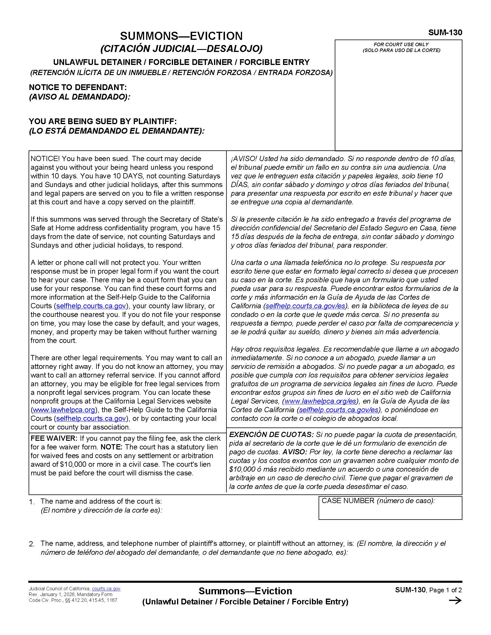 Summons-Unlawful Detainer-Eviction {SUM-130} | Pdf Fpdf Docx | California